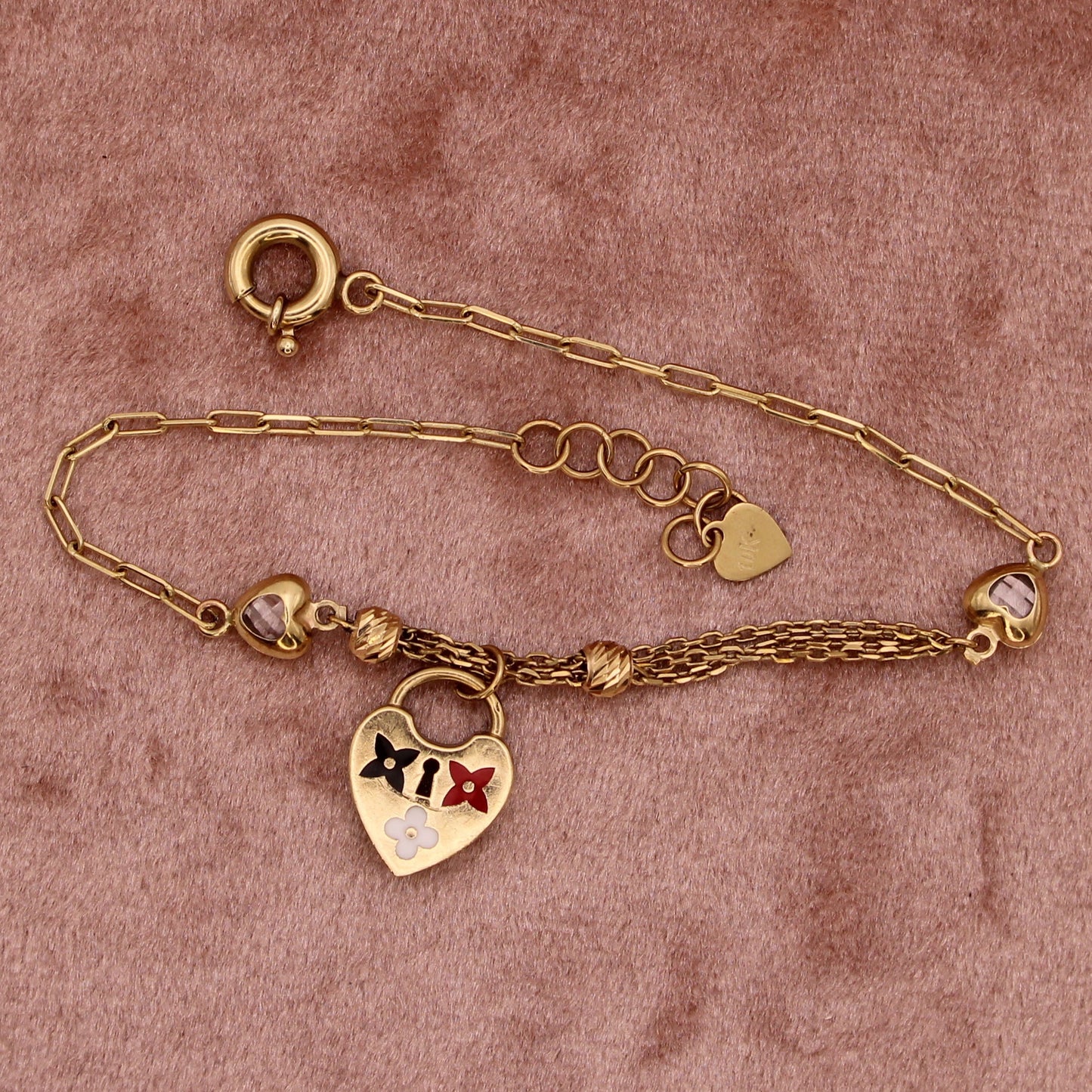 10kt Yellow Gold Enamel Heart Lock Clover Blossom Adjustable Chain Charm Bracelet