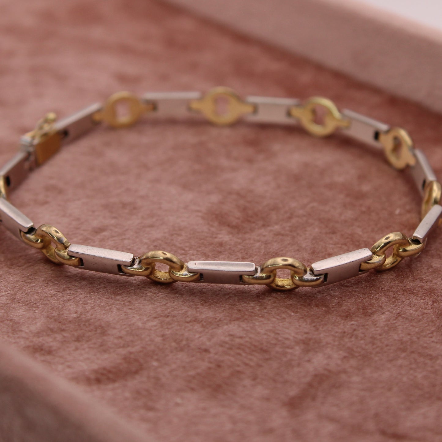 14kt Two Tone Yellow White Gold Open Circle Bar Chain Link Bracelet 7.25"