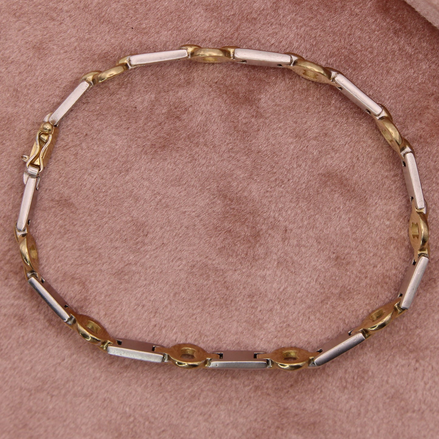 14kt Two Tone Yellow White Gold Open Circle Bar Chain Link Bracelet 7.25"