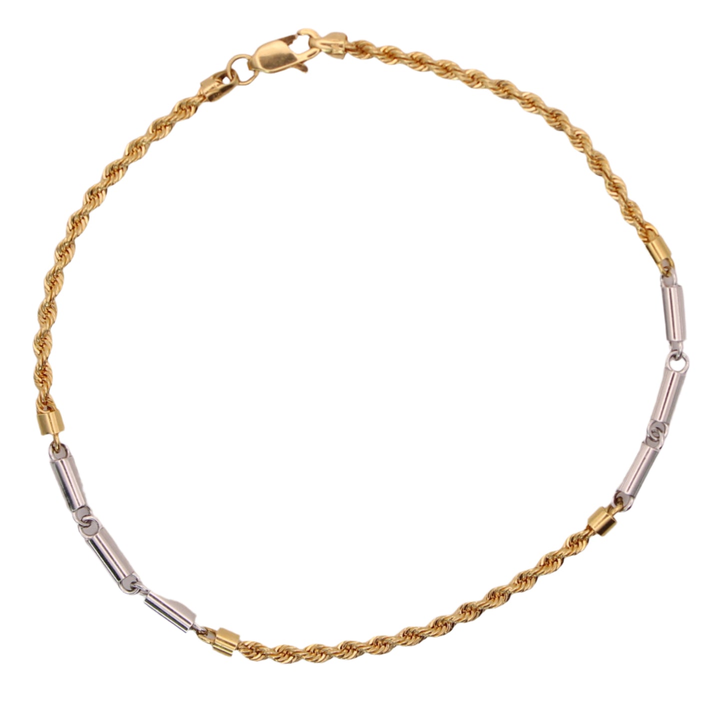 18kt Two Tone Yellow White Gold Rope & Bar Link Chain Bracelet 7.25"