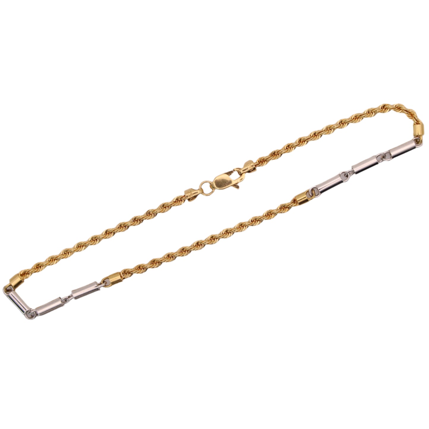 18kt Two Tone Yellow White Gold Rope & Bar Link Chain Bracelet 7.25"