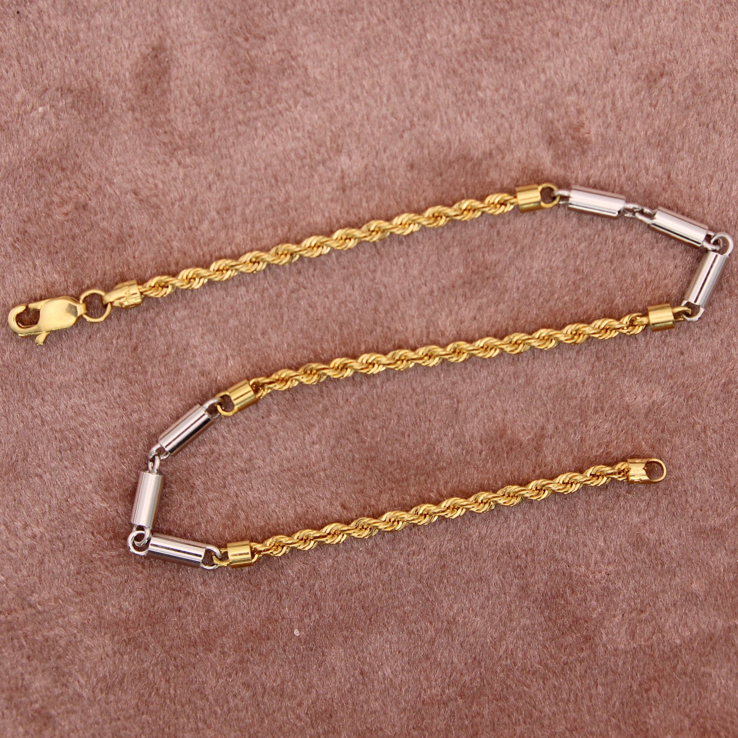 18kt Two Tone Yellow White Gold Rope & Bar Link Chain Bracelet 7.25"