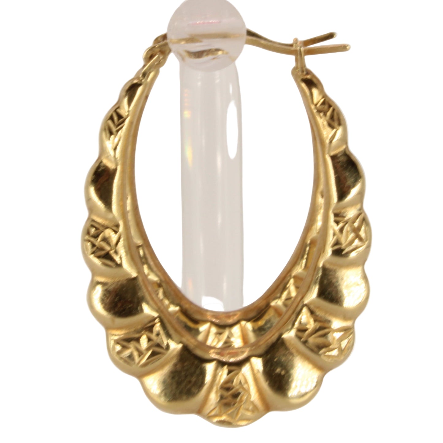 14kt Yellow Gold Scalloped Texture Pattern Round Oval Hoop Earrings 1.25"