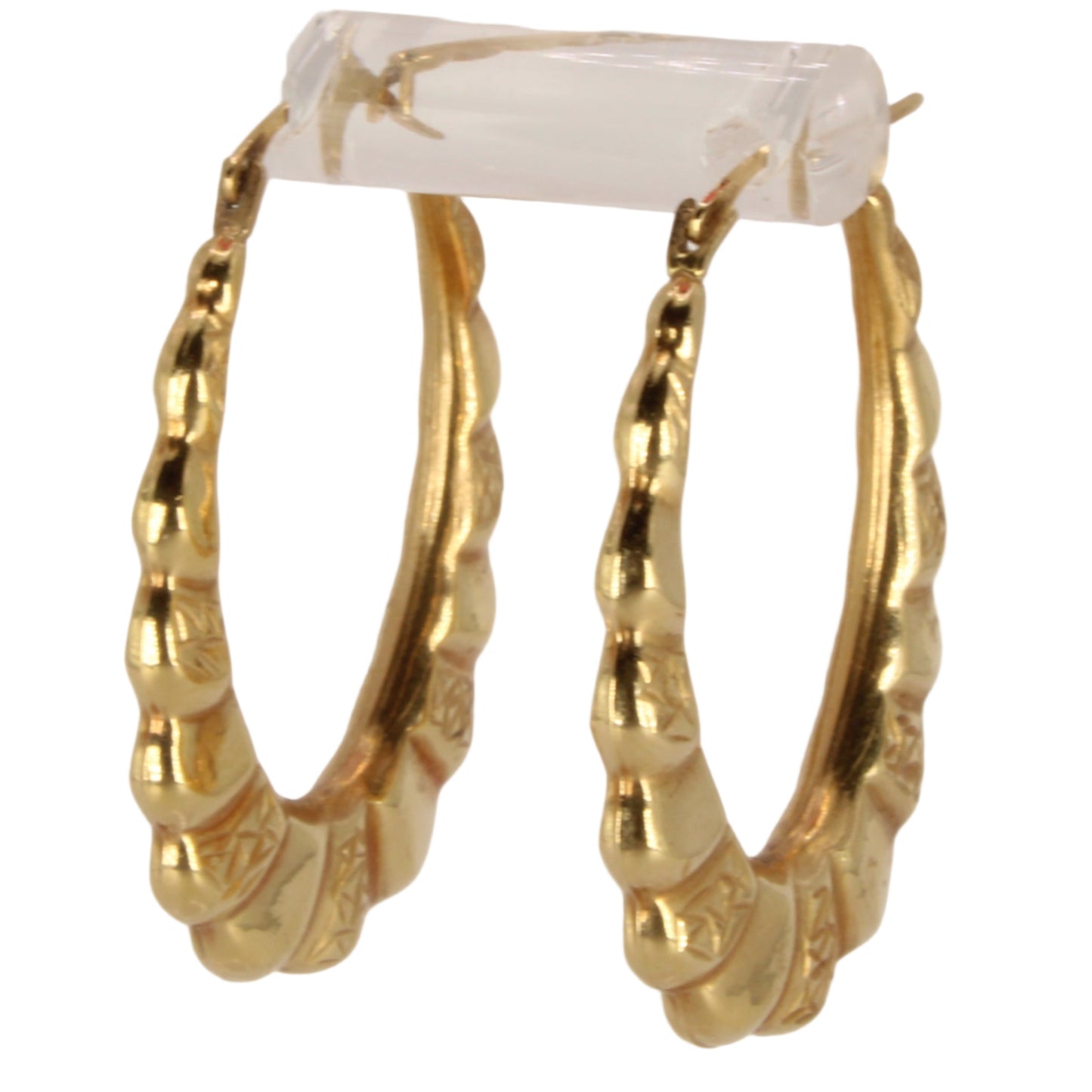 14kt Yellow Gold Scalloped Texture Pattern Round Oval Hoop Earrings 1.25"