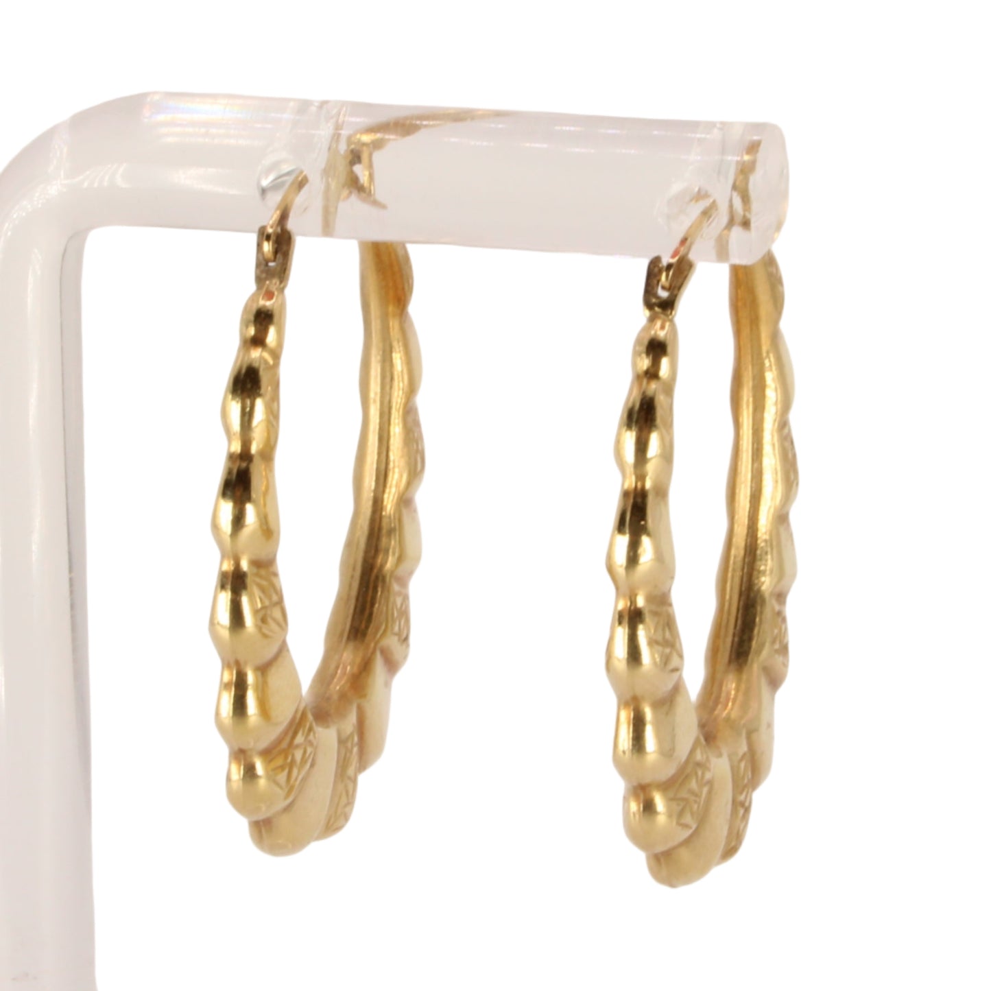 14kt Yellow Gold Scalloped Texture Pattern Round Oval Hoop Earrings 1.25"
