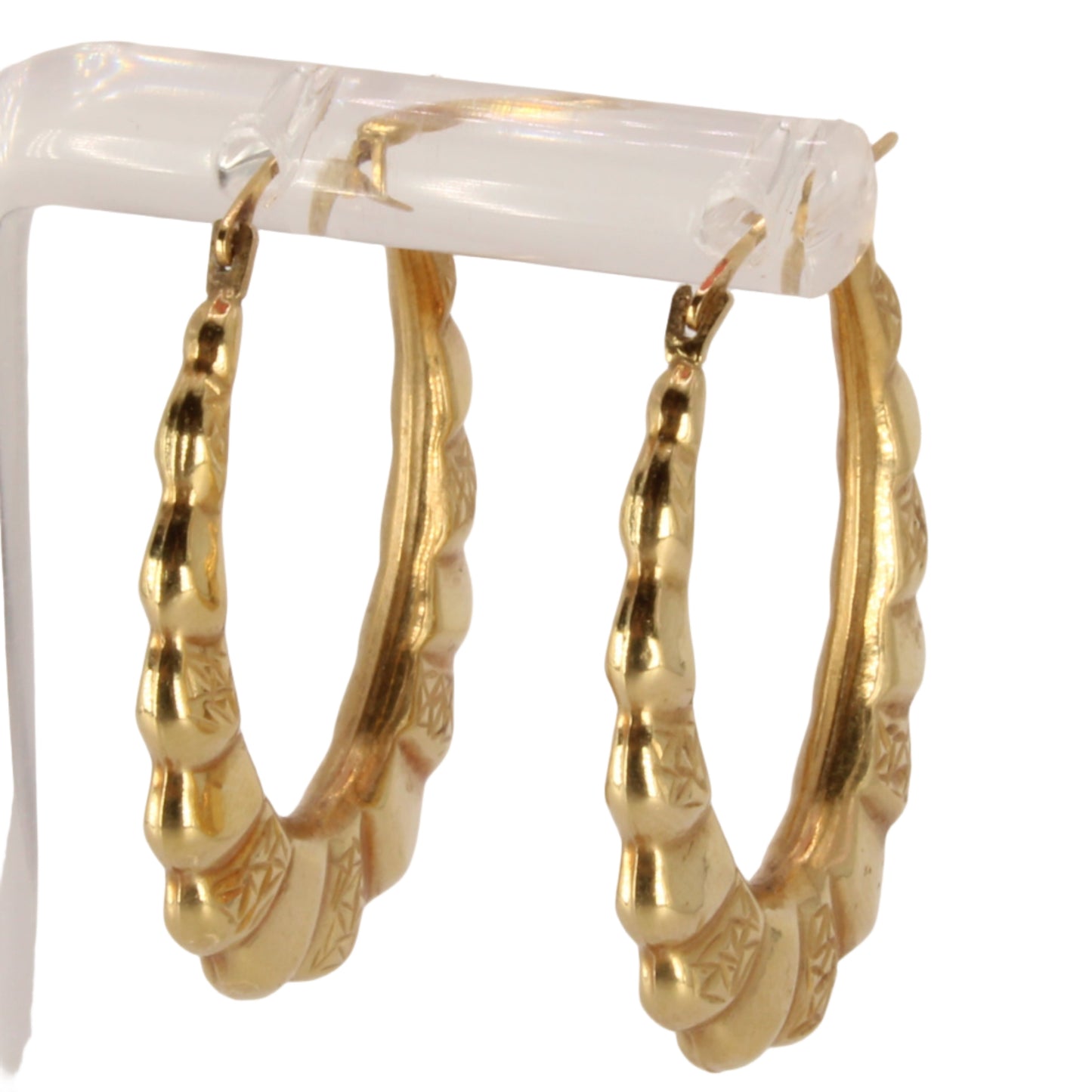 14kt Yellow Gold Scalloped Texture Pattern Round Oval Hoop Earrings 1.25"