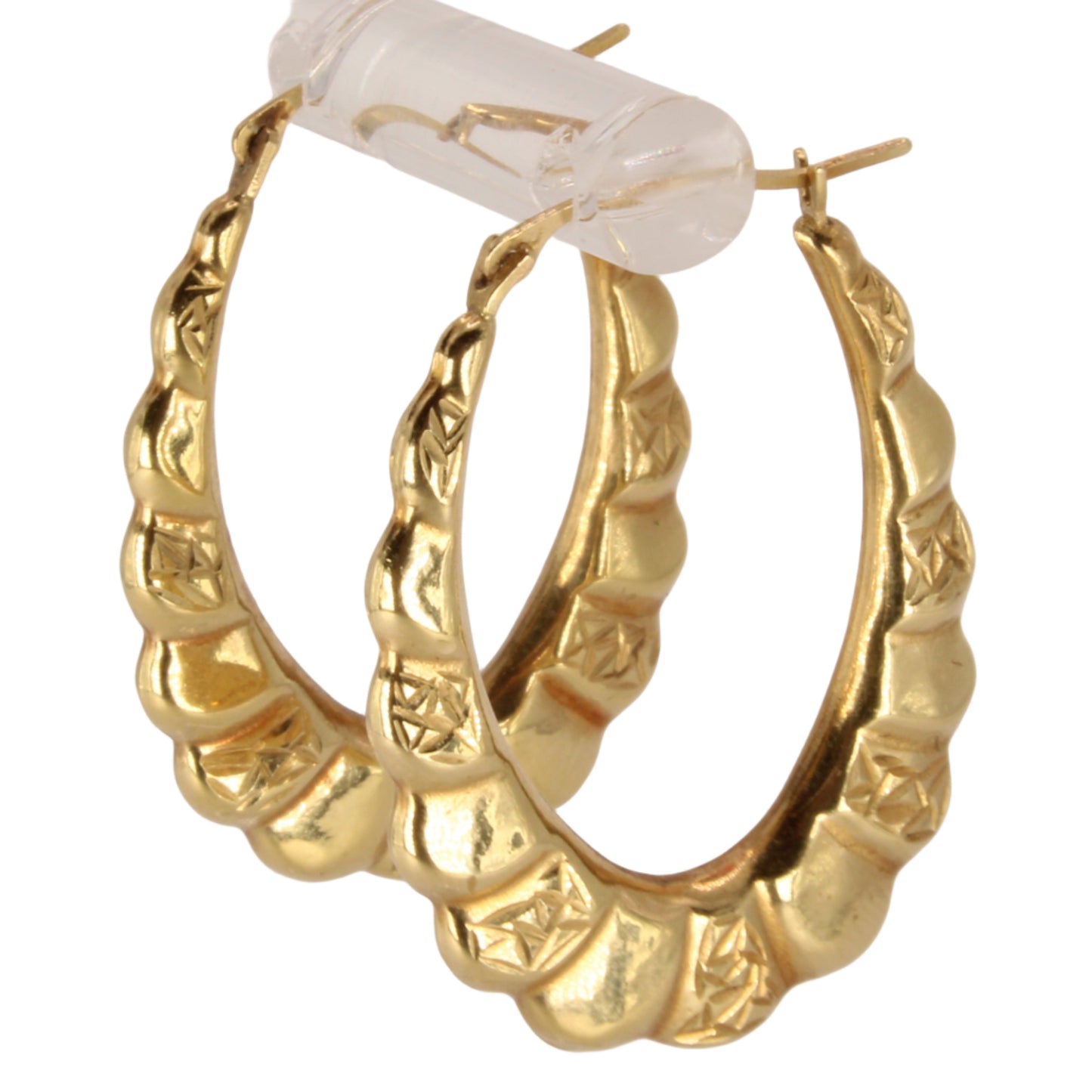 14kt Yellow Gold Scalloped Texture Pattern Round Oval Hoop Earrings 1.25"