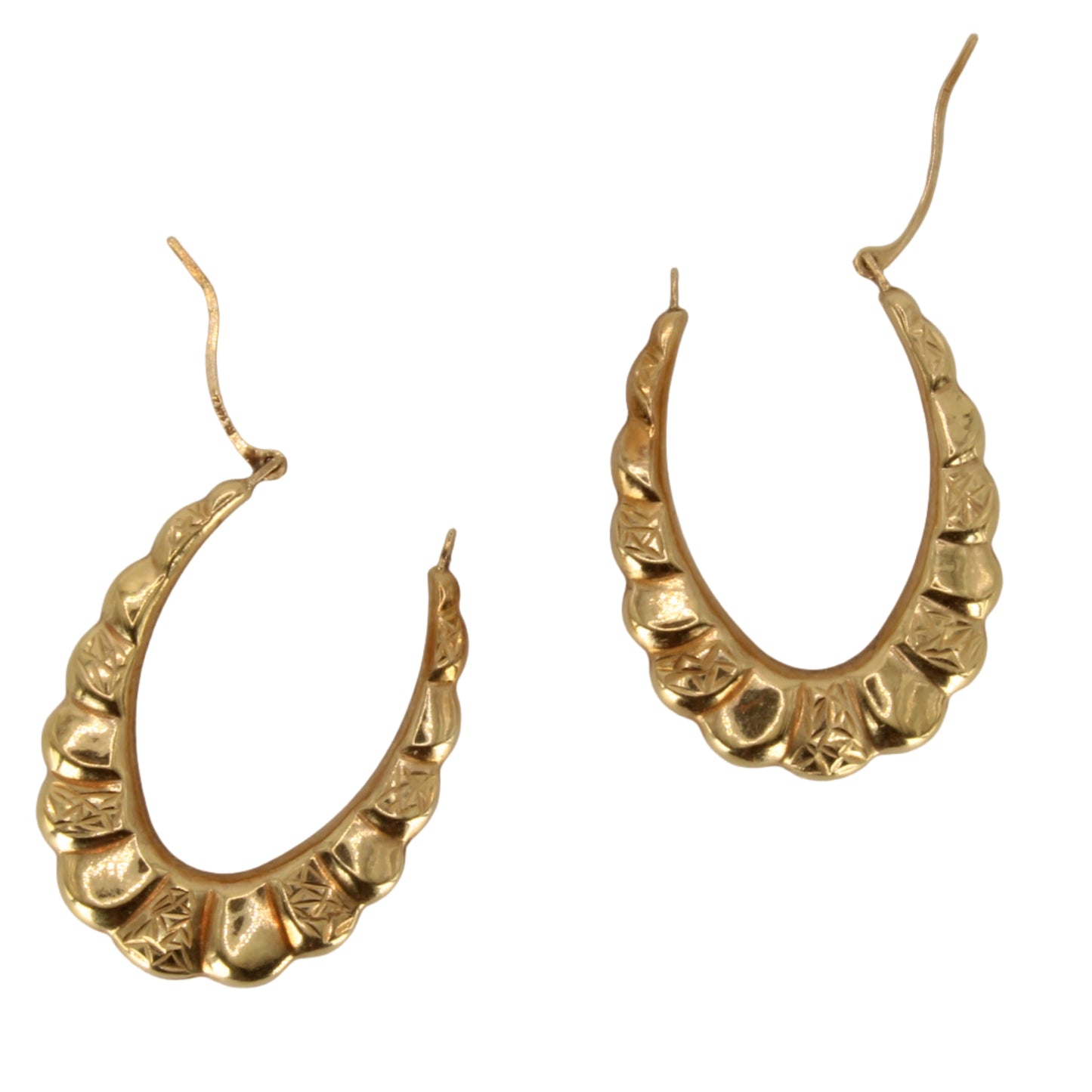 14kt Yellow Gold Scalloped Texture Pattern Round Oval Hoop Earrings 1.25"