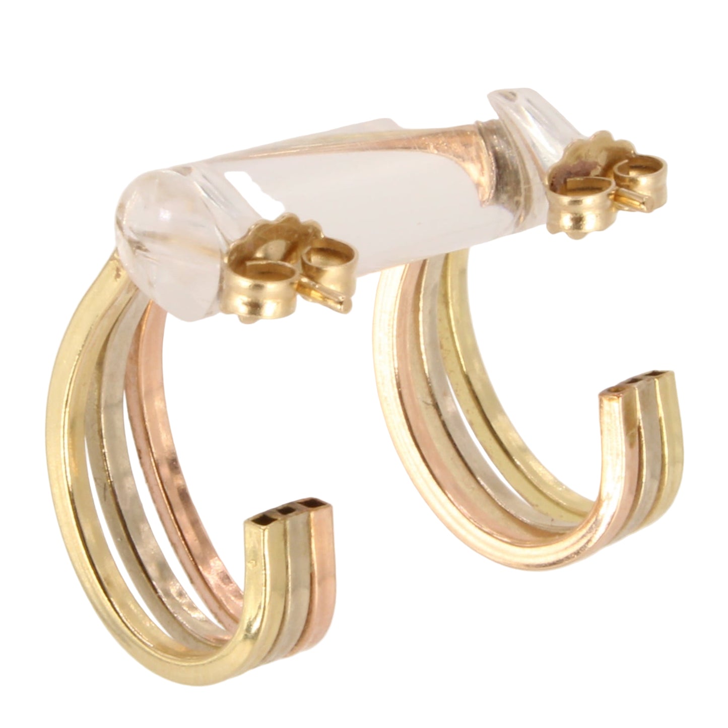 14kt Tricolor Yellow Rose White Gold 0.7" J Hoop Post Earrings