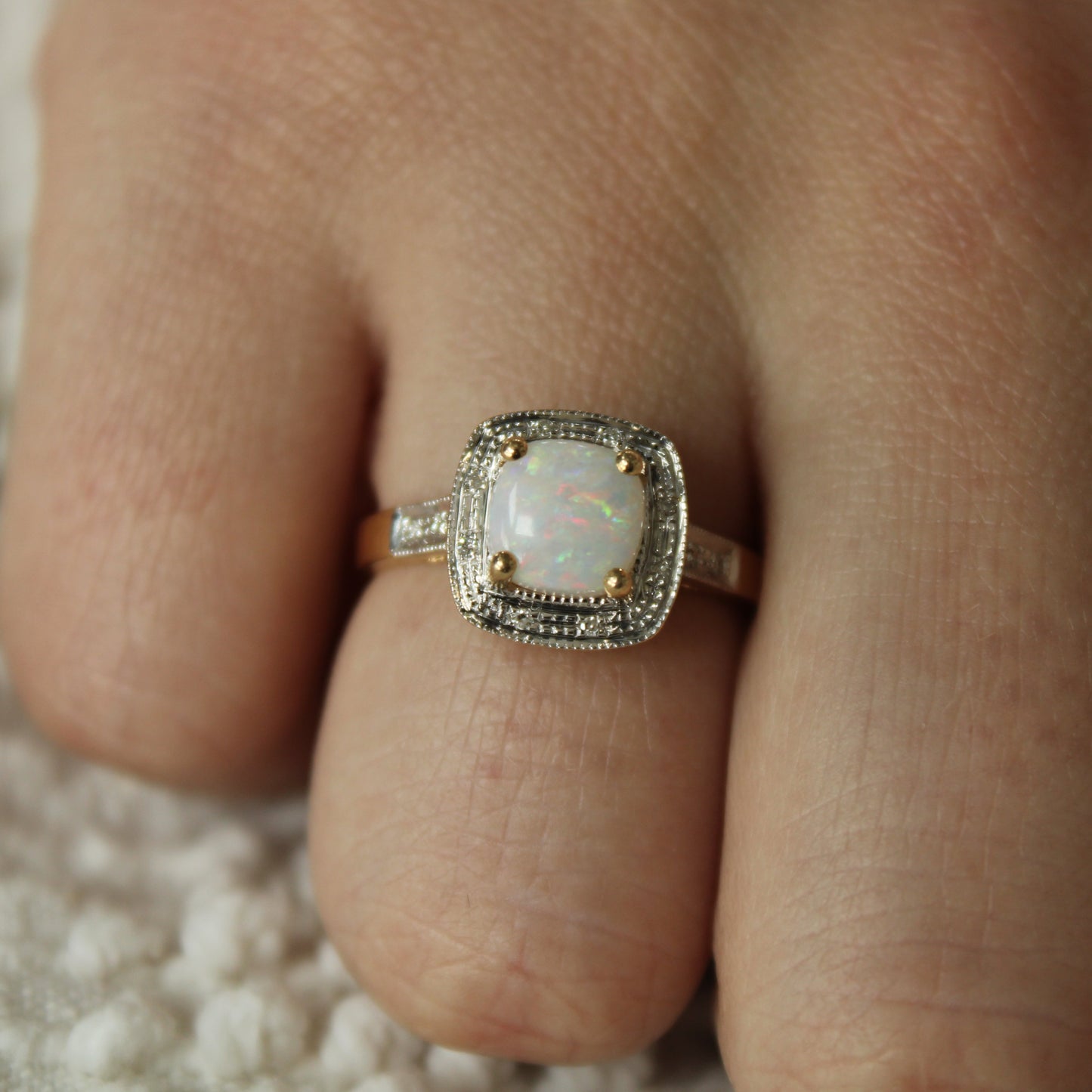 14kt Two Tone Yellow White Gold Diamond Cushion Cut Cabochon Opal Halo Ring