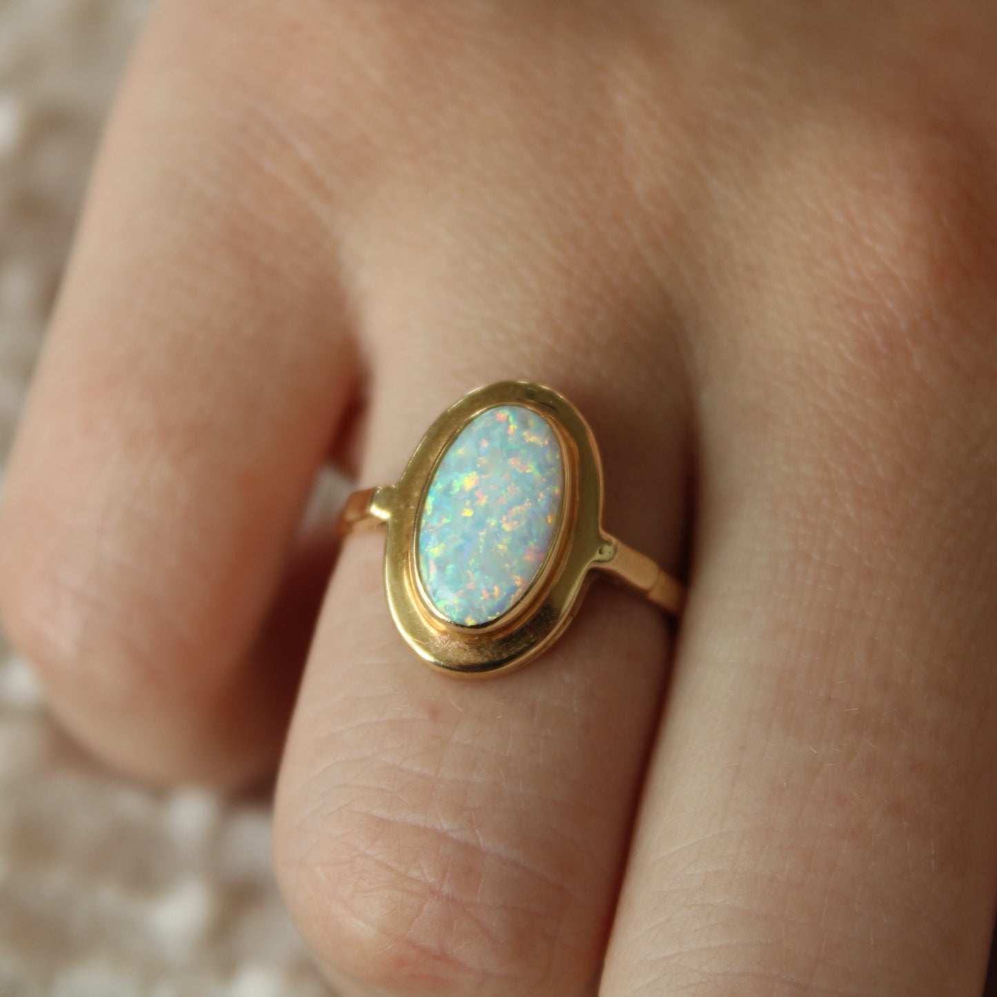 14kt Yellow Gold Opal Oval Bezel October Birthstone Cocktail Ring