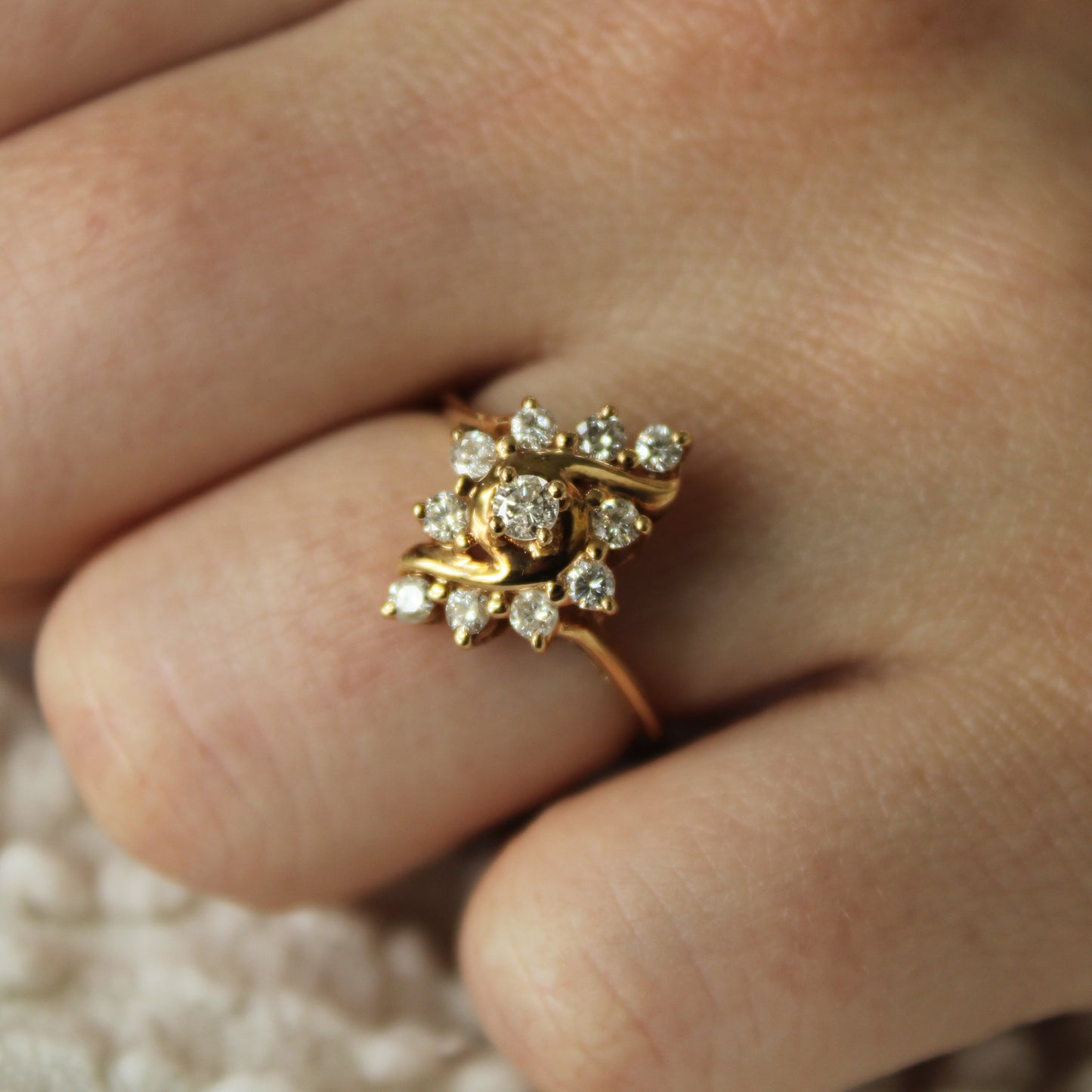 Vintage 14kt Yellow Gold Diamond Navette Cluster Cocktail Engagement Ring