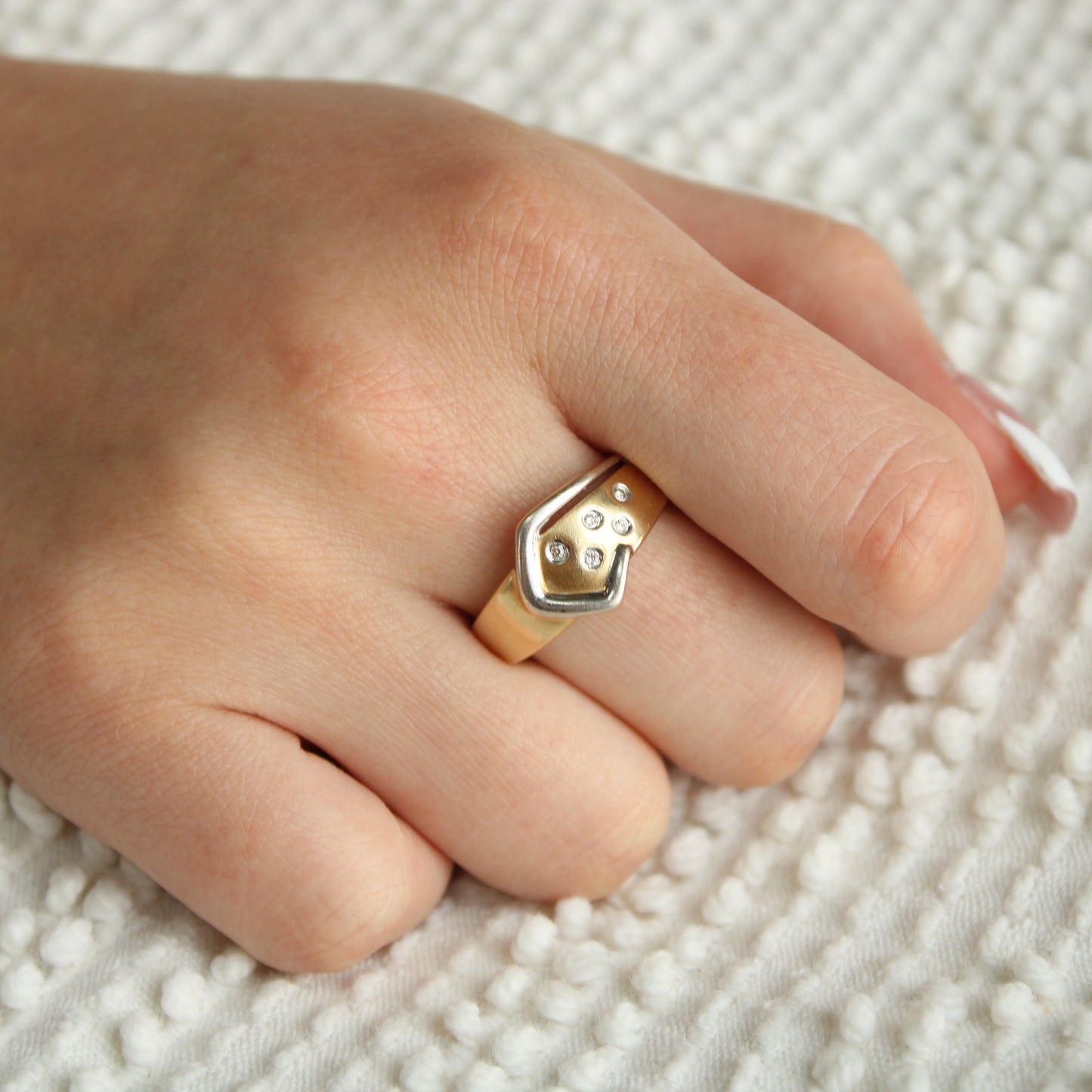 14kt Two Tone Yellow White Gold Diamond Flush Gypsy Set Belt Buckle Ring