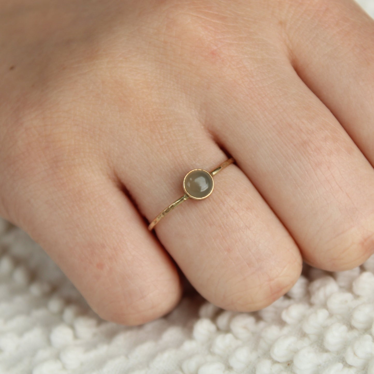 14kt Yellow Gold Gray Moonstone Bezel Set Dainty Stacker Ring