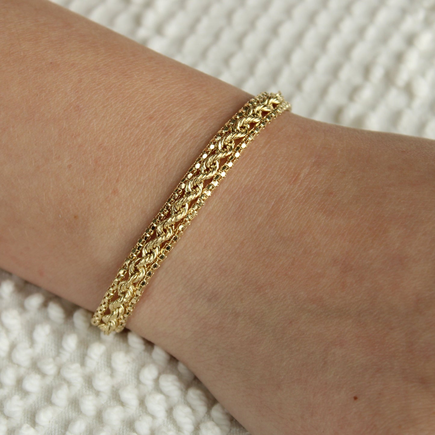 14kt Yellow Gold Rope & Popcorn Link Mixed Chain Bracelet
