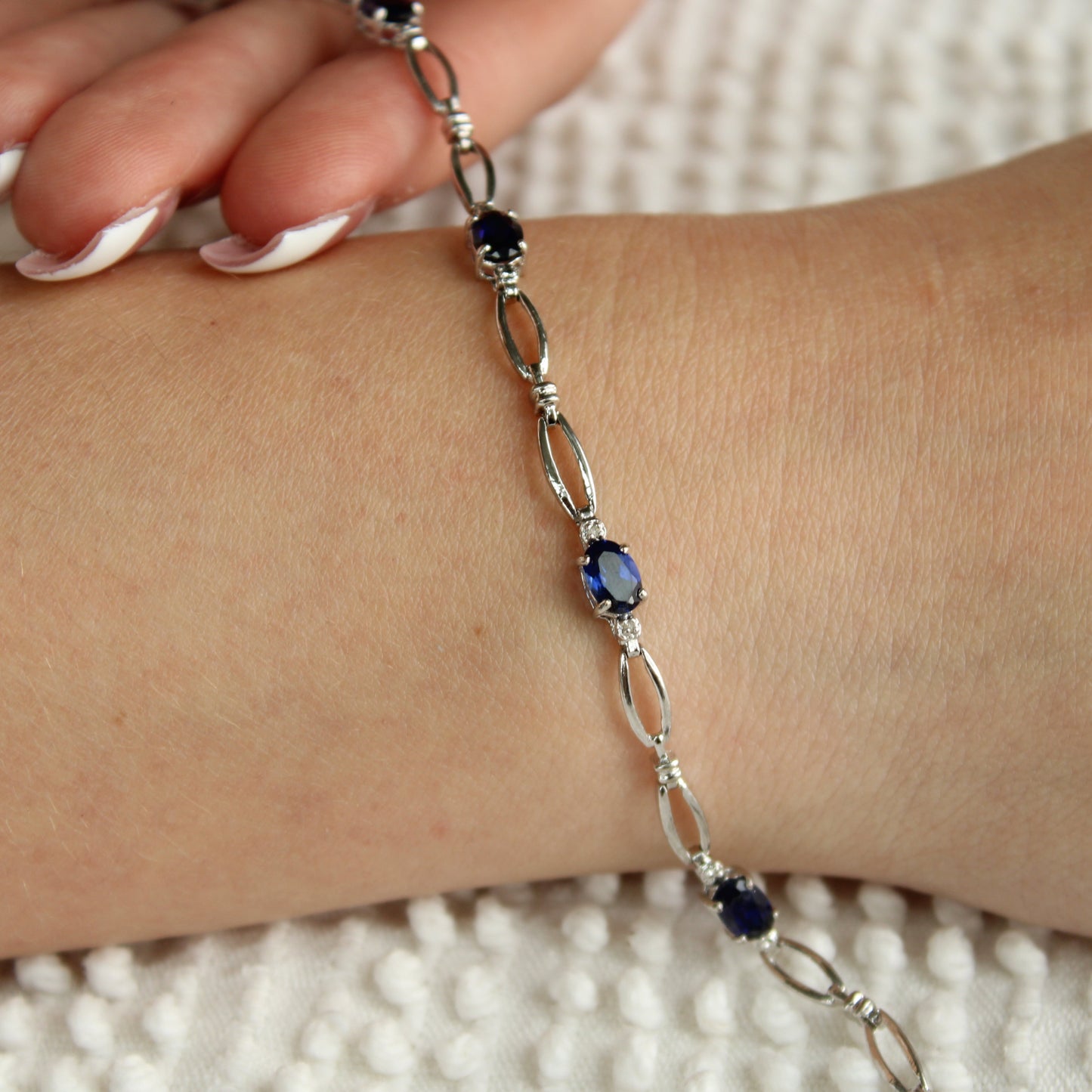 10kt White Gold Lab Sapphire Diamond Accent Open Loop Link Bracelet