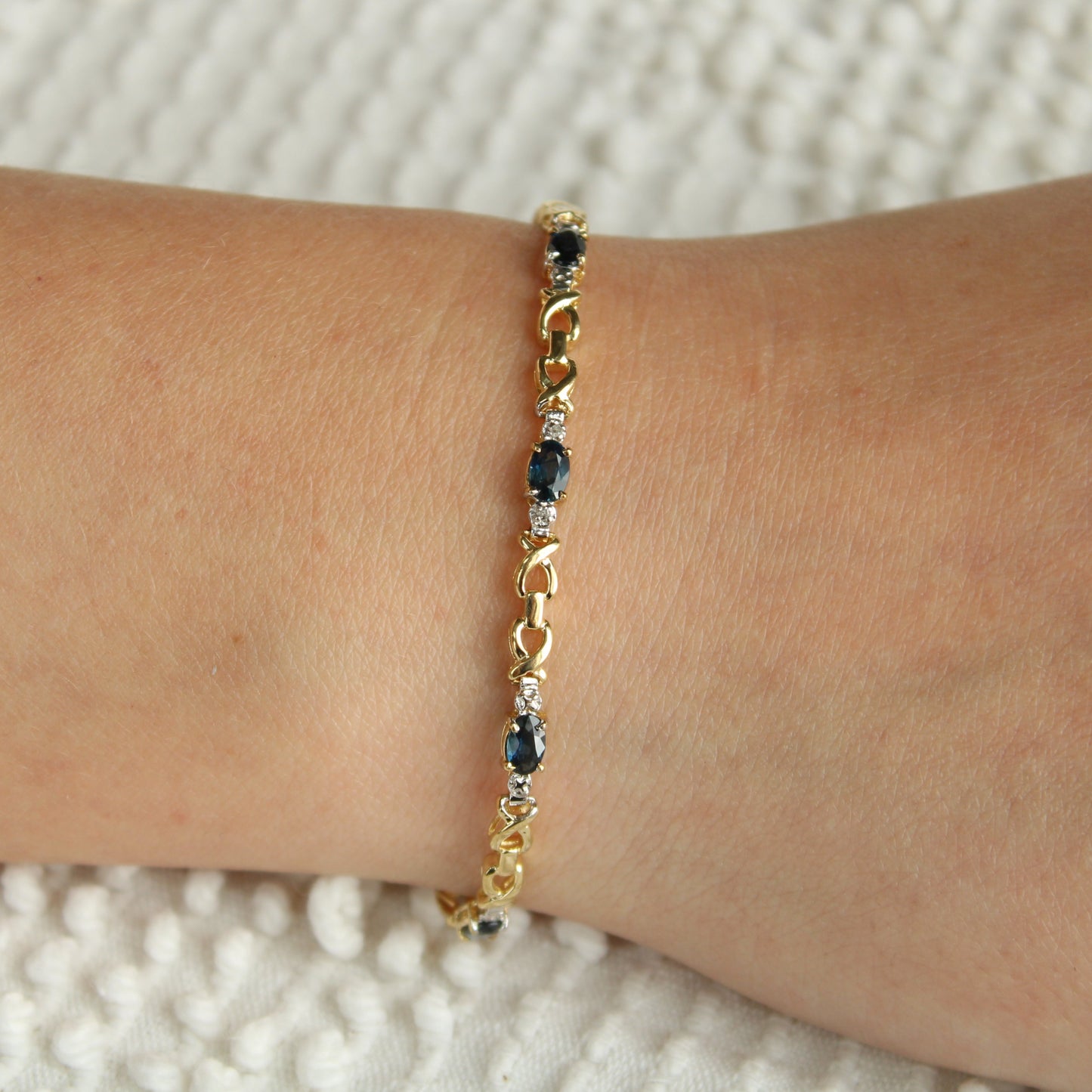 10kt Yellow Gold Natural Blue Sapphire Diamond Illusion Chain Bracelet 7"