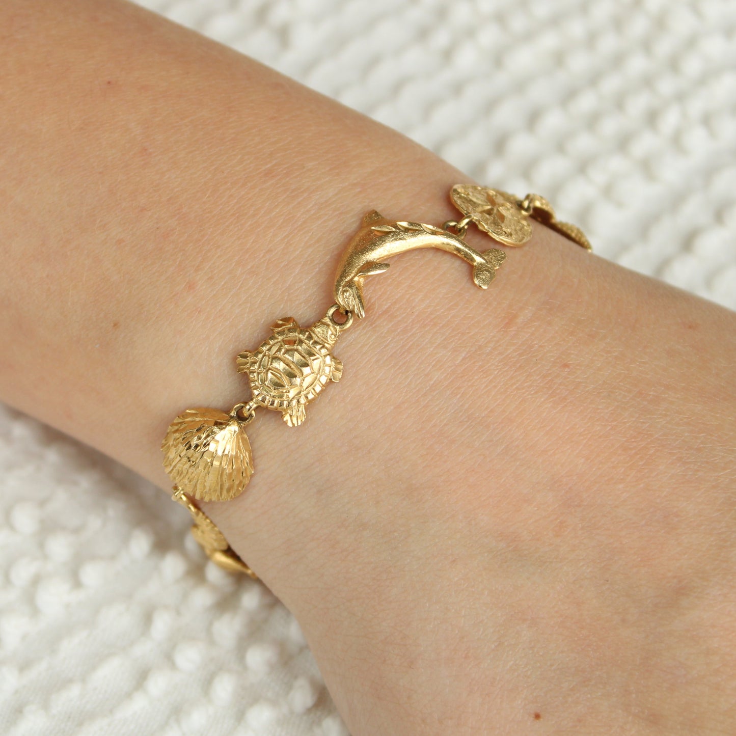 14kt Yellow Gold Ocean Sealife Nautical Charm Link Bracelet 7"