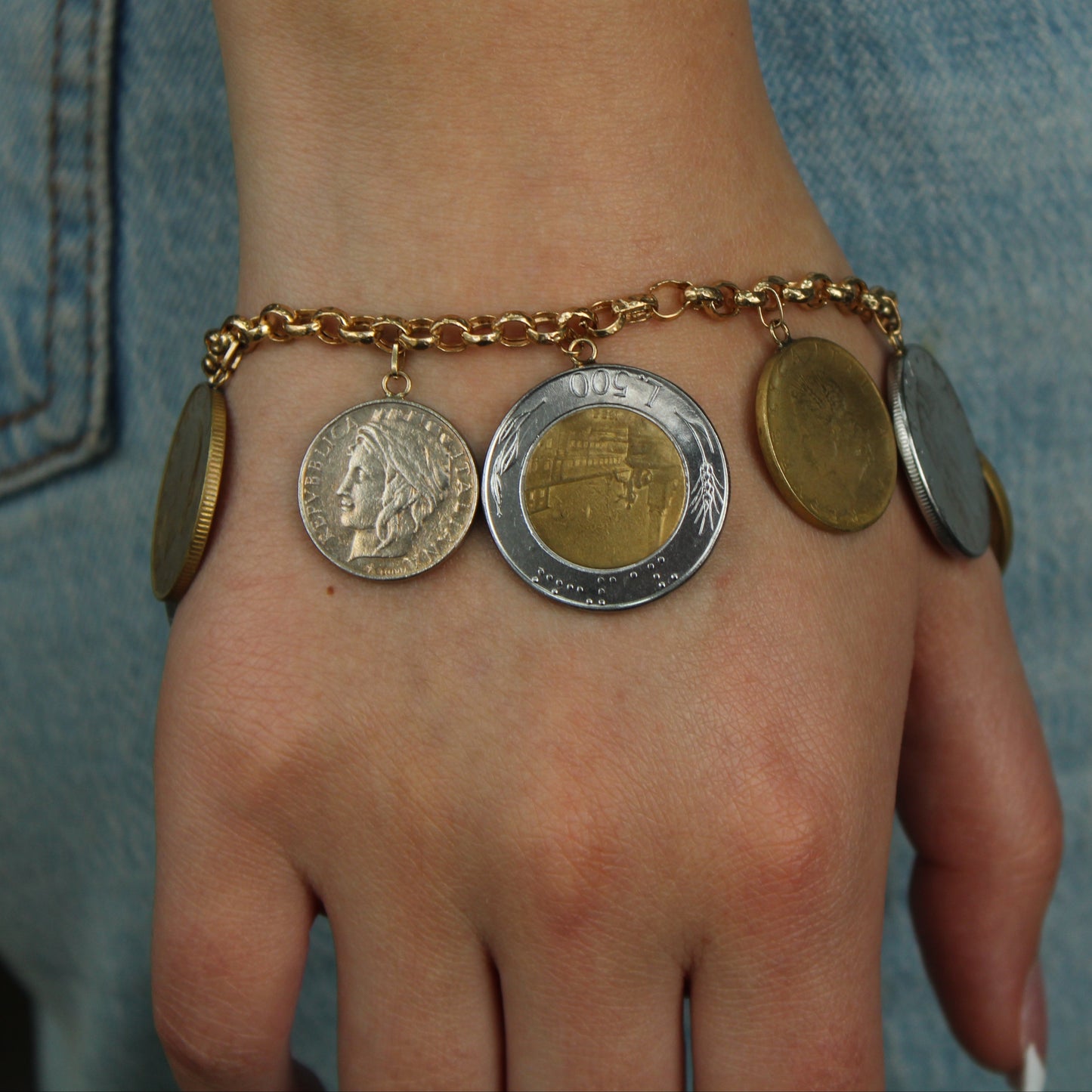 Milor 14kt Yellow Gold Italian Lire Coin Charm Chunky Bracelet