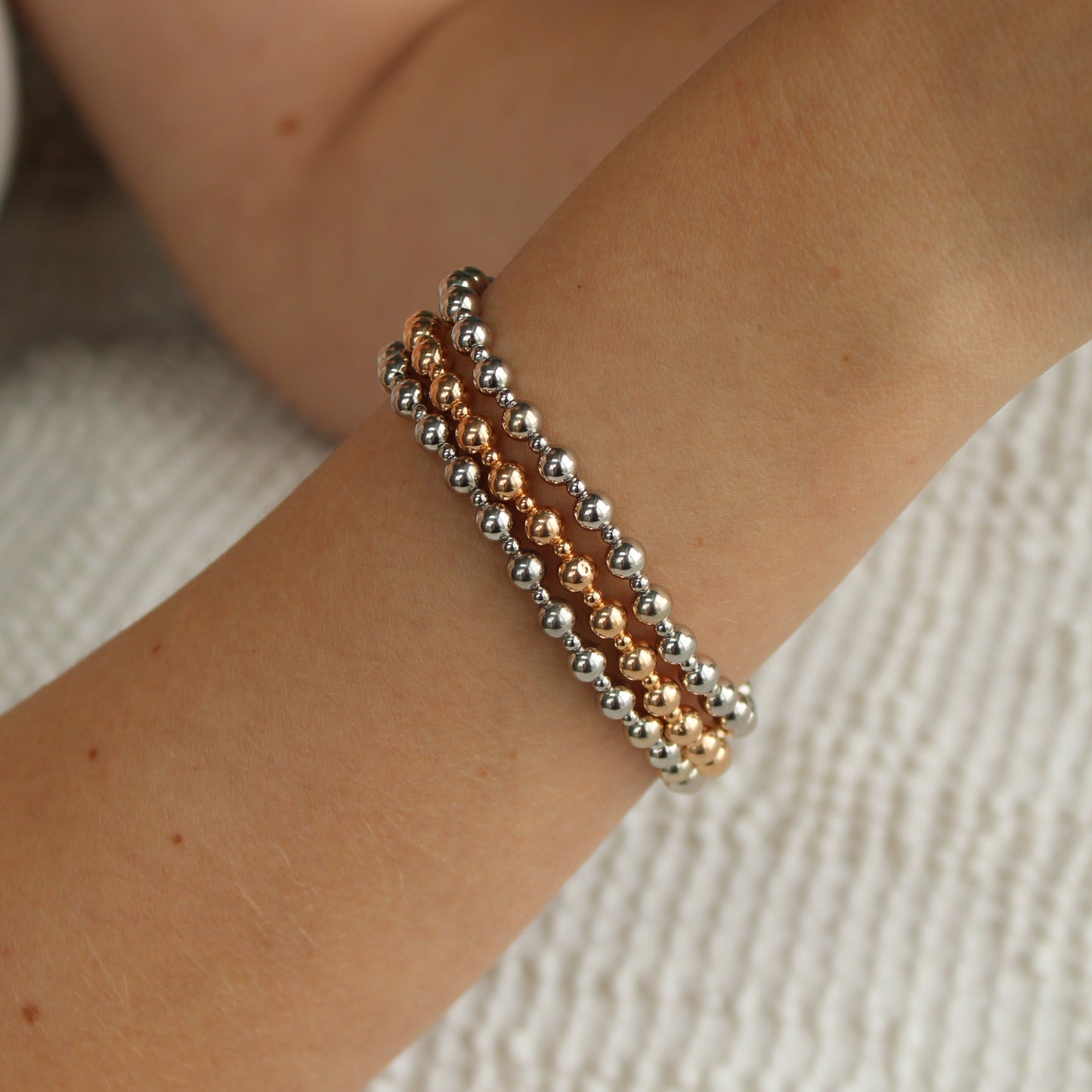 *SOLD* Ralph Lauren 14kt Rose & White Gold Bead Stretch Bracelet 3 Set