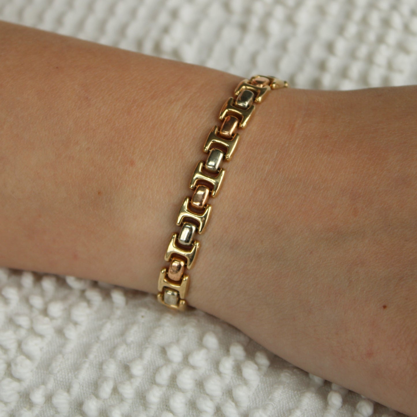 14kt Mexico Tri Gold Yellow White Rose Gold Puffed Chain Link Bracelet