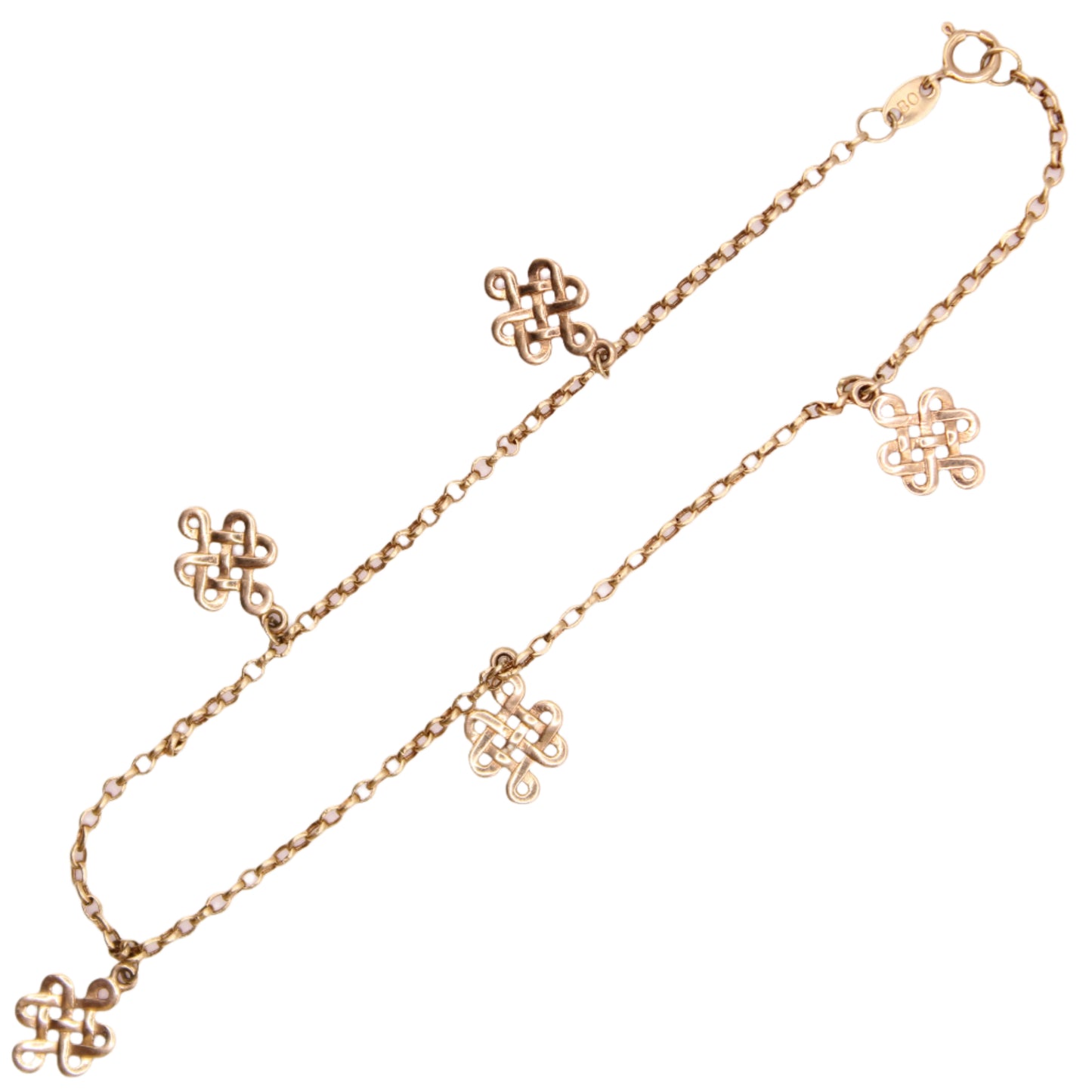 10kt Yellow Gold Buddhist Eternal Eternity Knot Charm Chain Link Bracelet