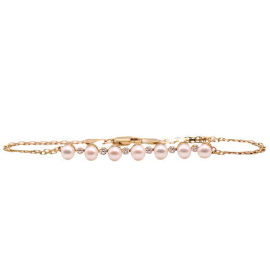 14k Yellow Gold Mexico Pearl Diamond Line Dainty Chain Bracelet 6.75"
