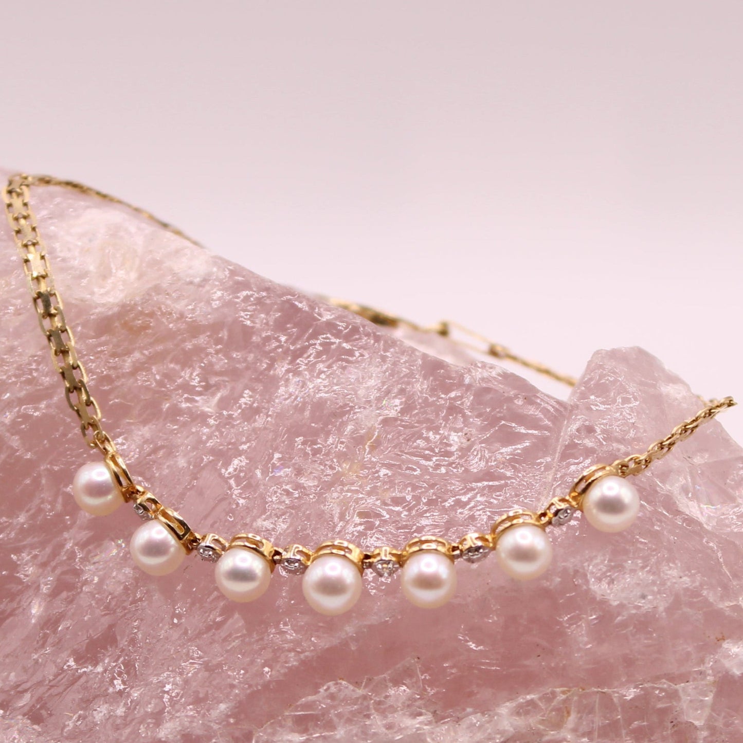 14k Yellow Gold Mexico Pearl Diamond Line Dainty Chain Bracelet 6.75"