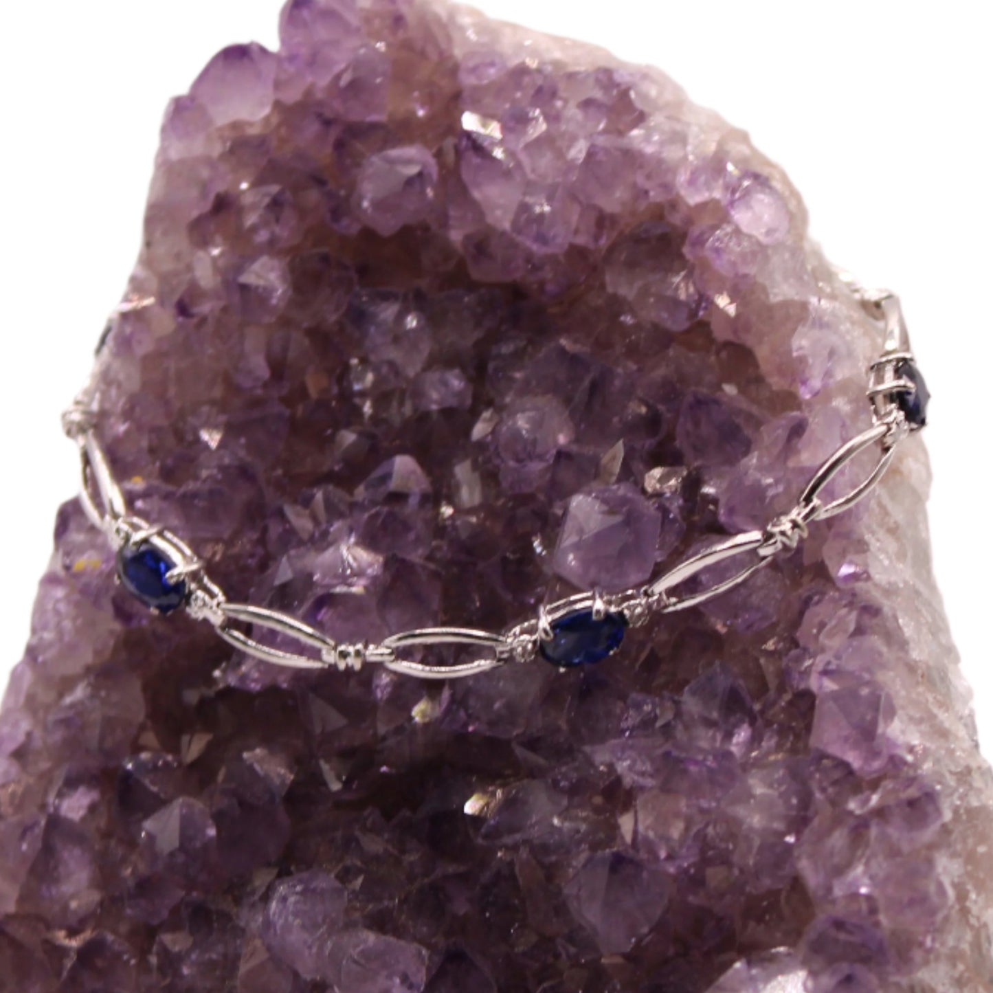 10kt White Gold Lab Sapphire Diamond Accent Open Loop Link Bracelet