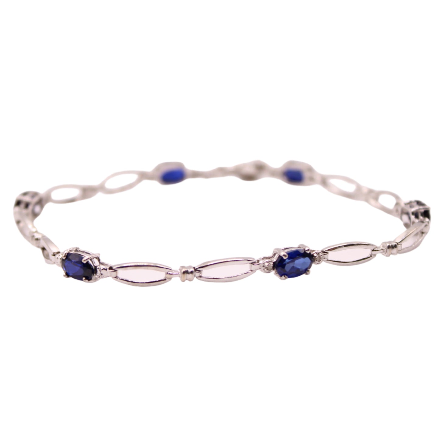 10kt White Gold Lab Sapphire Diamond Accent Open Loop Link Bracelet
