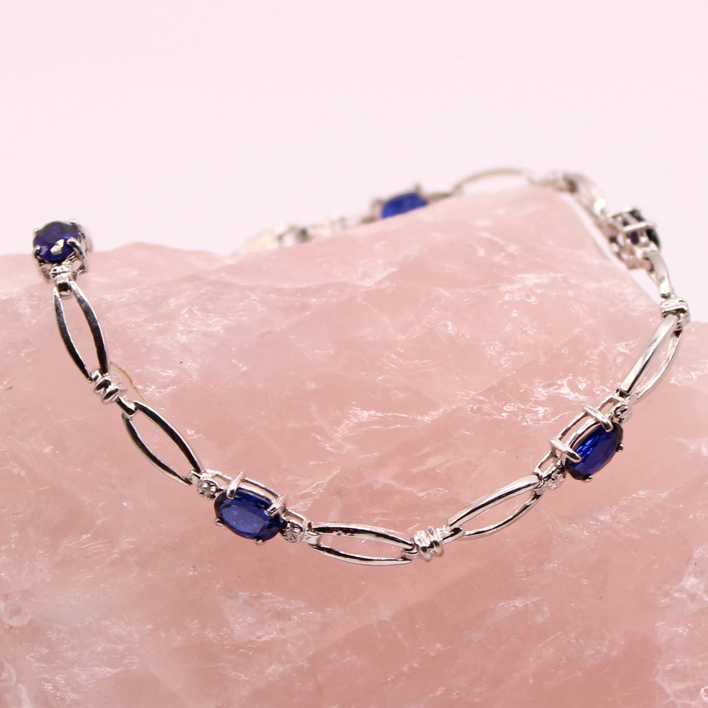 10kt White Gold Lab Sapphire Diamond Accent Open Loop Link Bracelet