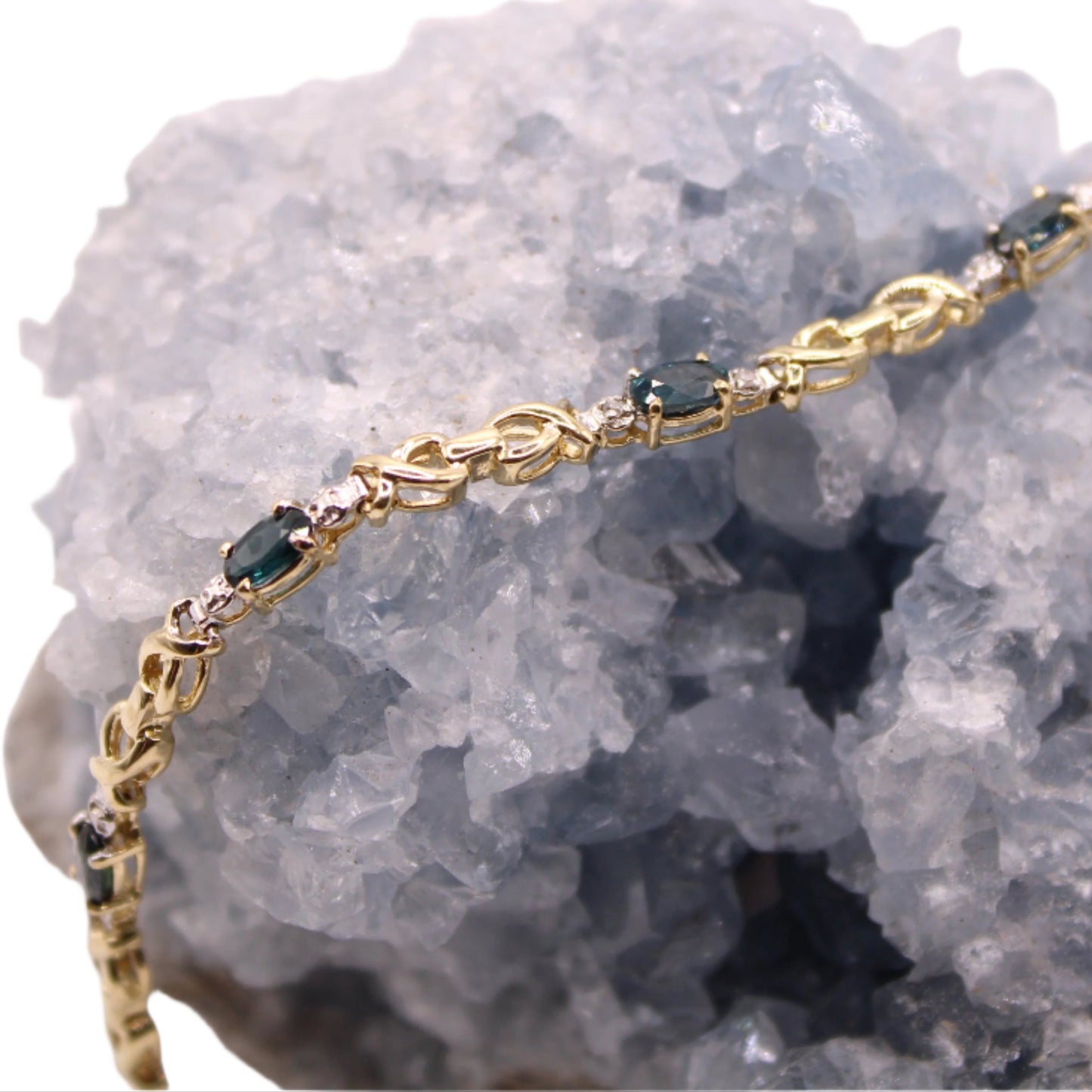 10kt Yellow Gold Natural Blue Sapphire Diamond Illusion Chain Bracelet 7"