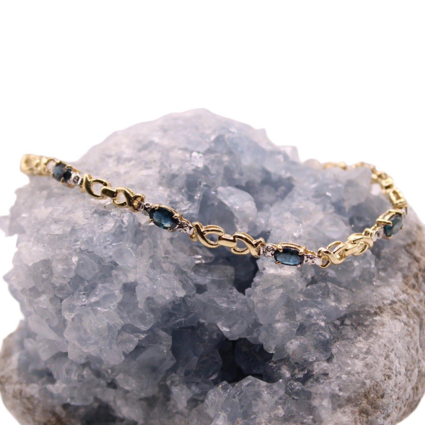 10kt Yellow Gold Natural Blue Sapphire Diamond Illusion Chain Bracelet 7"