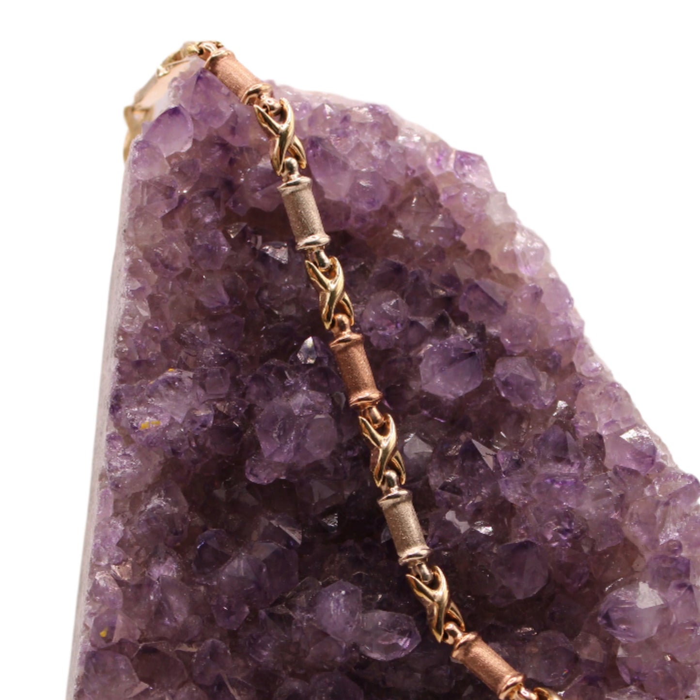 10kt Tricolor Yellow White Rose Cross Box Puffed Chain Link Bracelet 6.75"