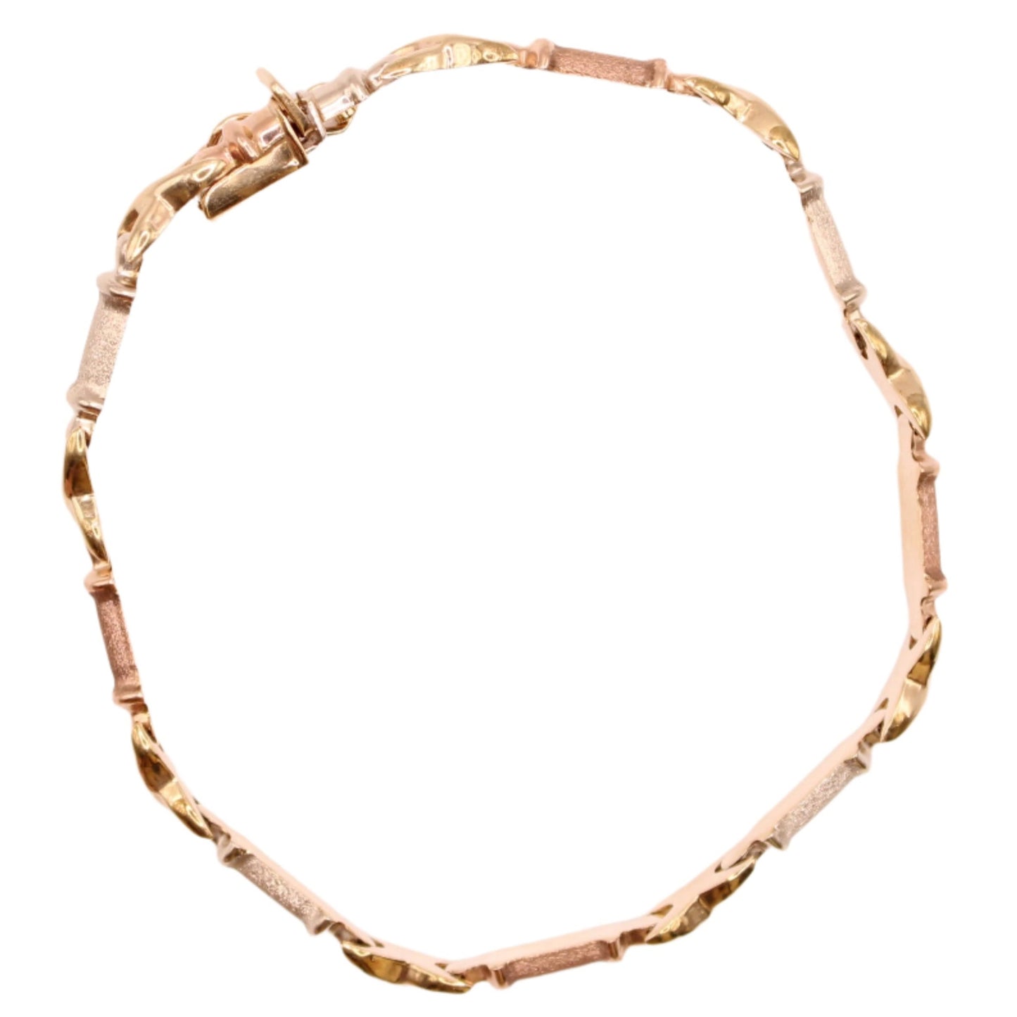 10kt Tricolor Yellow White Rose Cross Box Puffed Chain Link Bracelet 6.75"