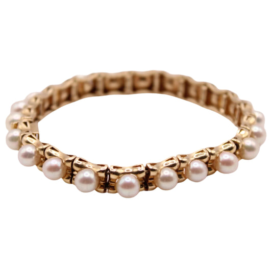 Vintage 14kt Yellow Gold White Akoya Pearl Eternity Link Bracelet 6.25"