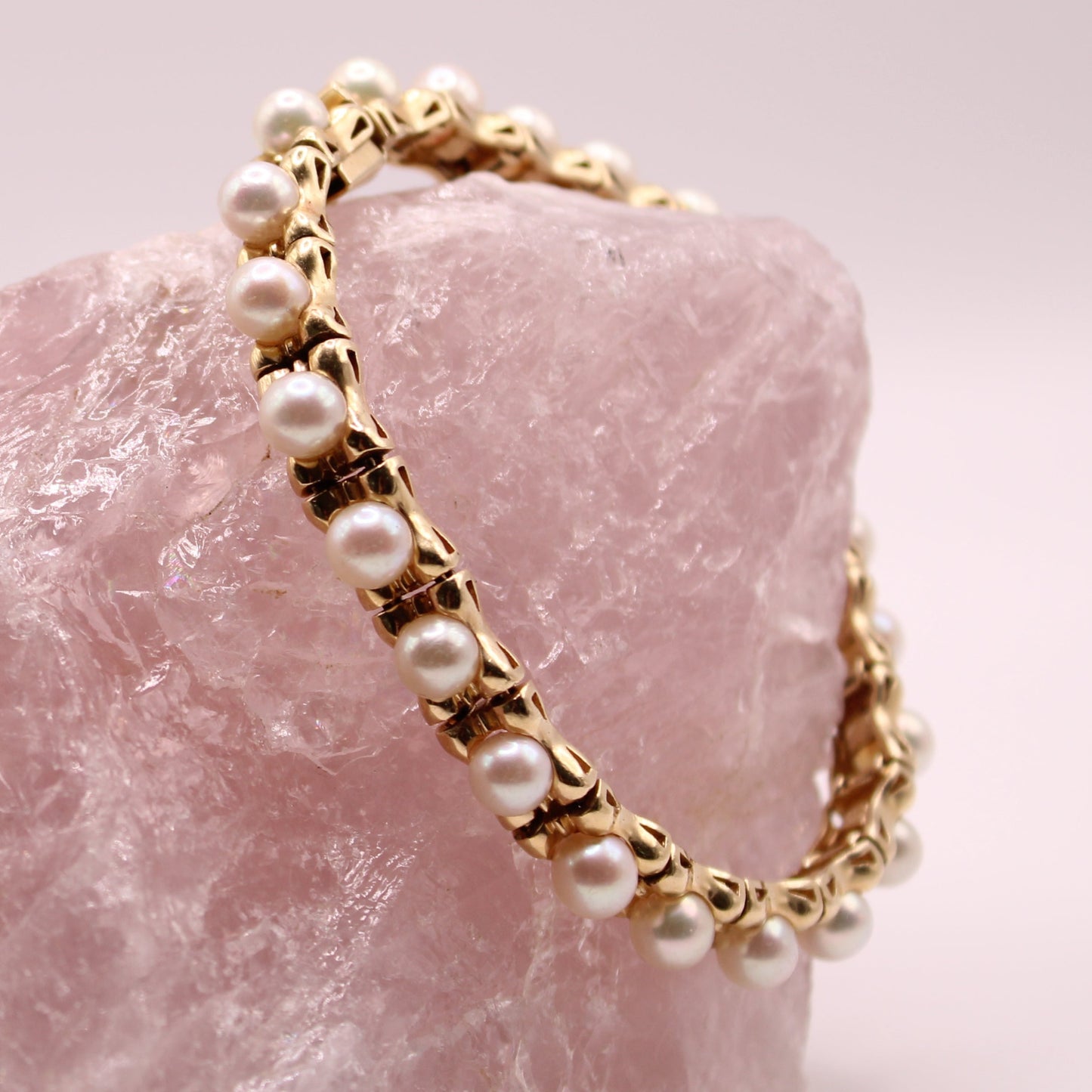 Vintage 14kt Yellow Gold White Akoya Pearl Eternity Link Bracelet 6.25"