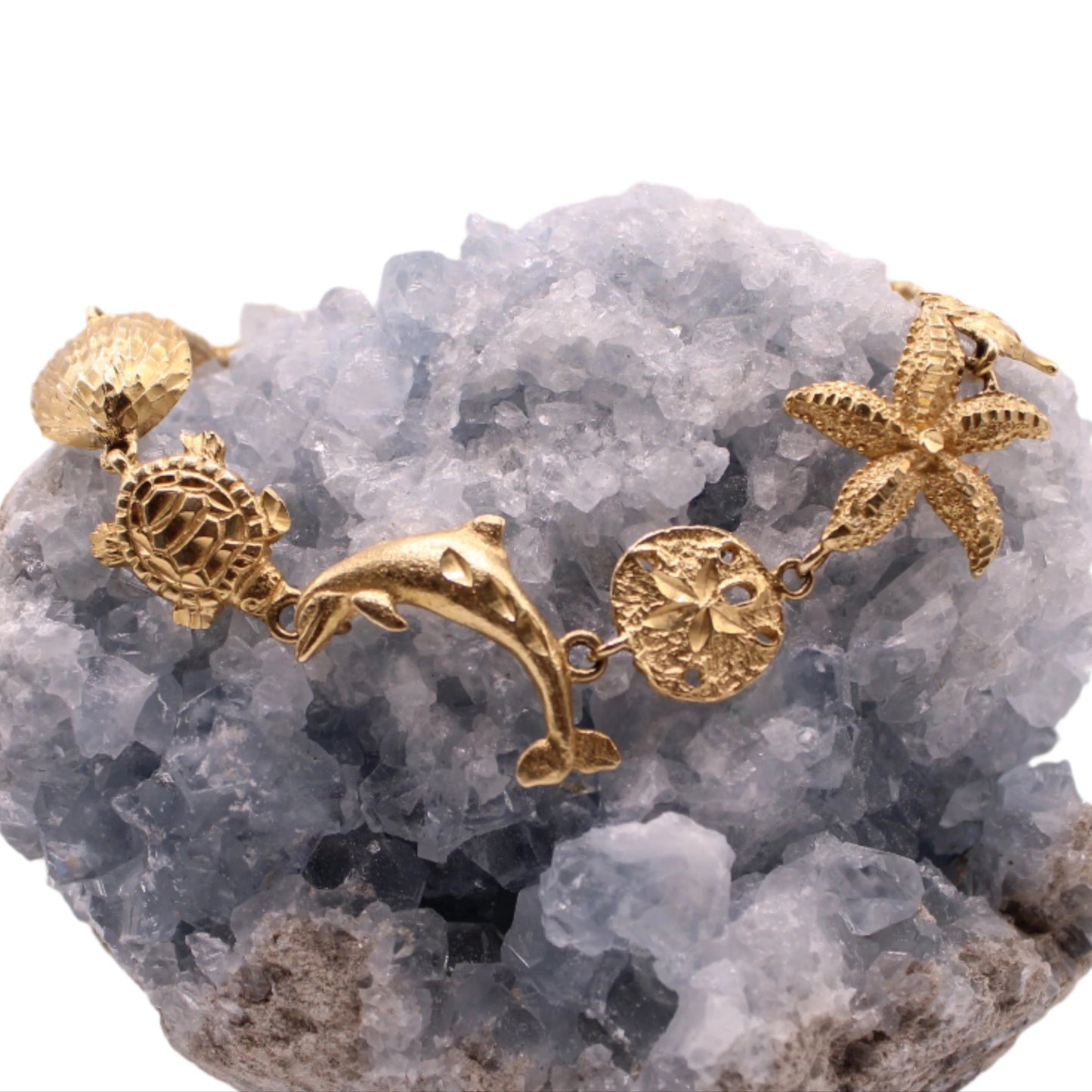 14kt Yellow Gold Ocean Sealife Nautical Charm Link Bracelet 7"