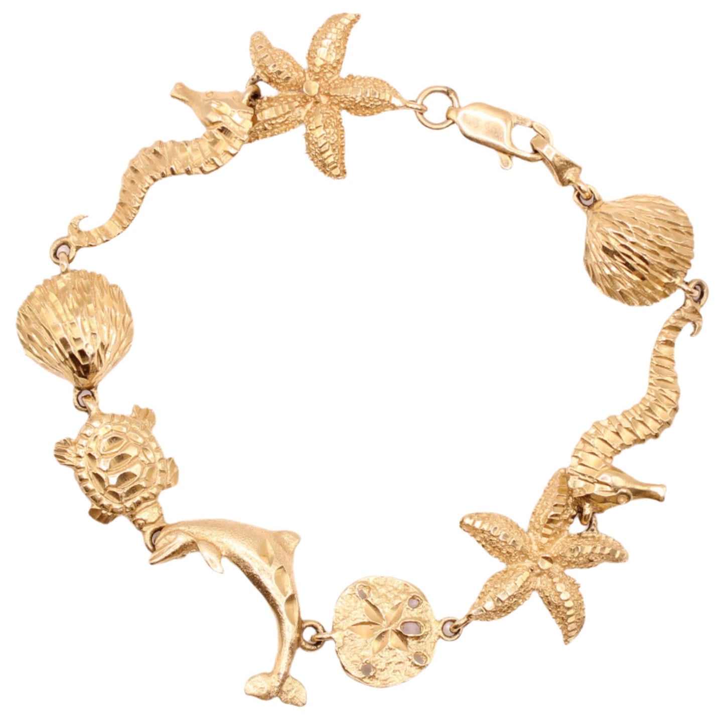 14kt Yellow Gold Ocean Sealife Nautical Charm Link Bracelet 7"