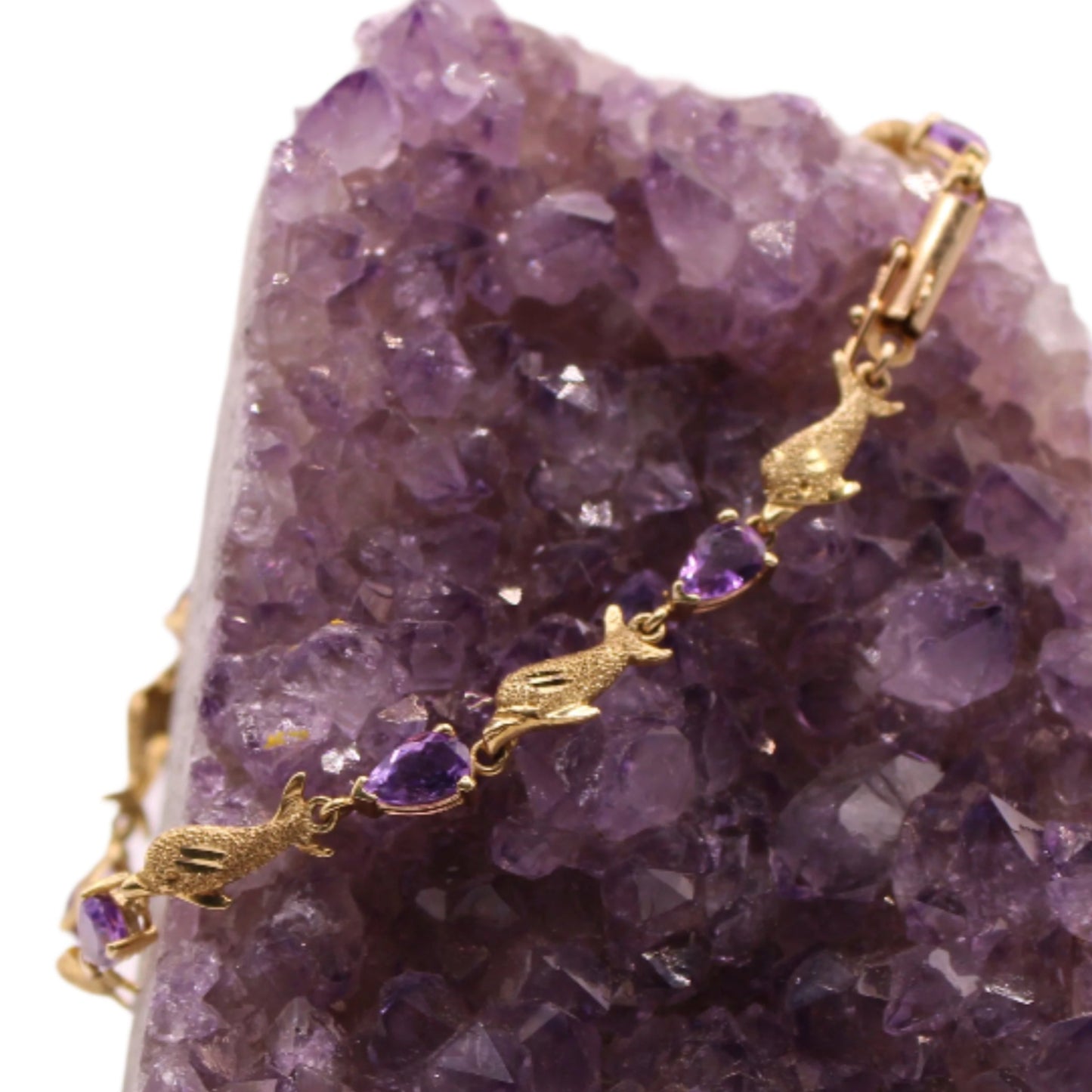 Aurafin 14kt Yellow Gold Dolphin Oval Amethyst Chain Link Bracelet