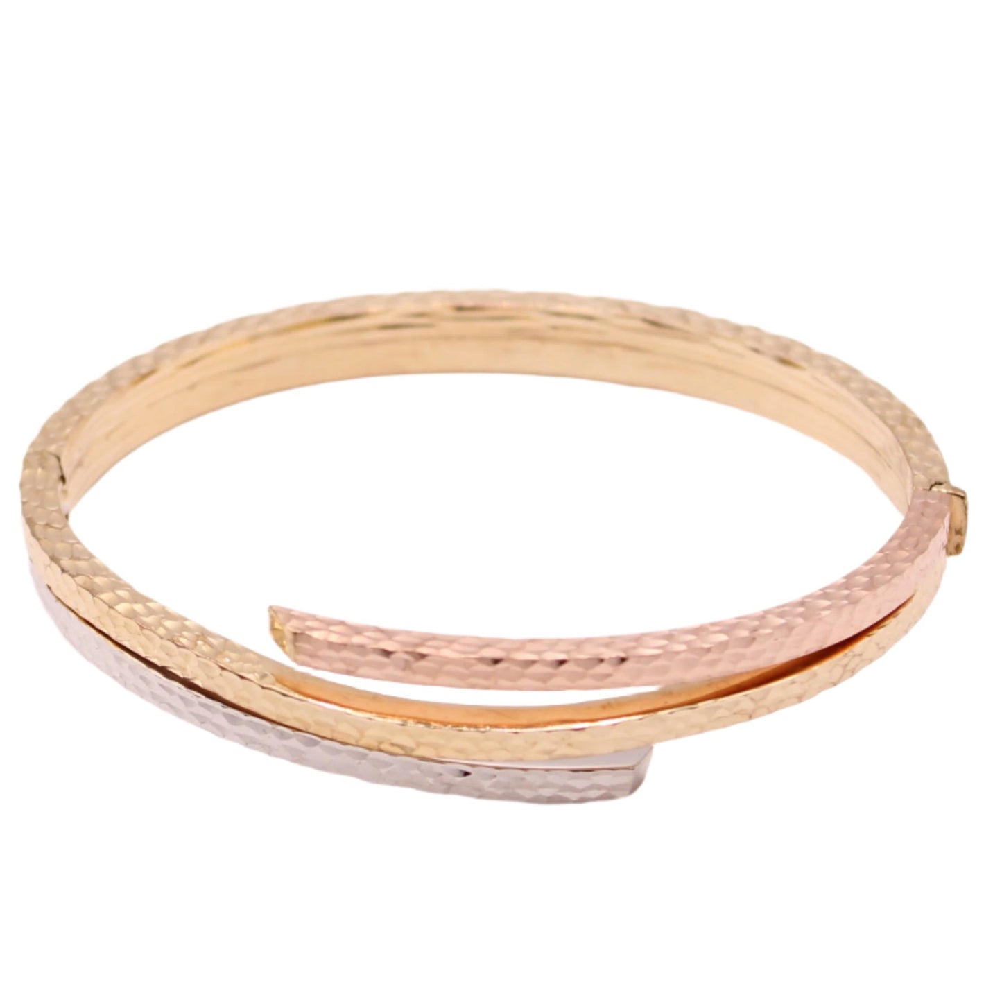 14kt Tricolor Yellow White Rose Italian Diamond Cut Bypass Bangle Bracelet 7"