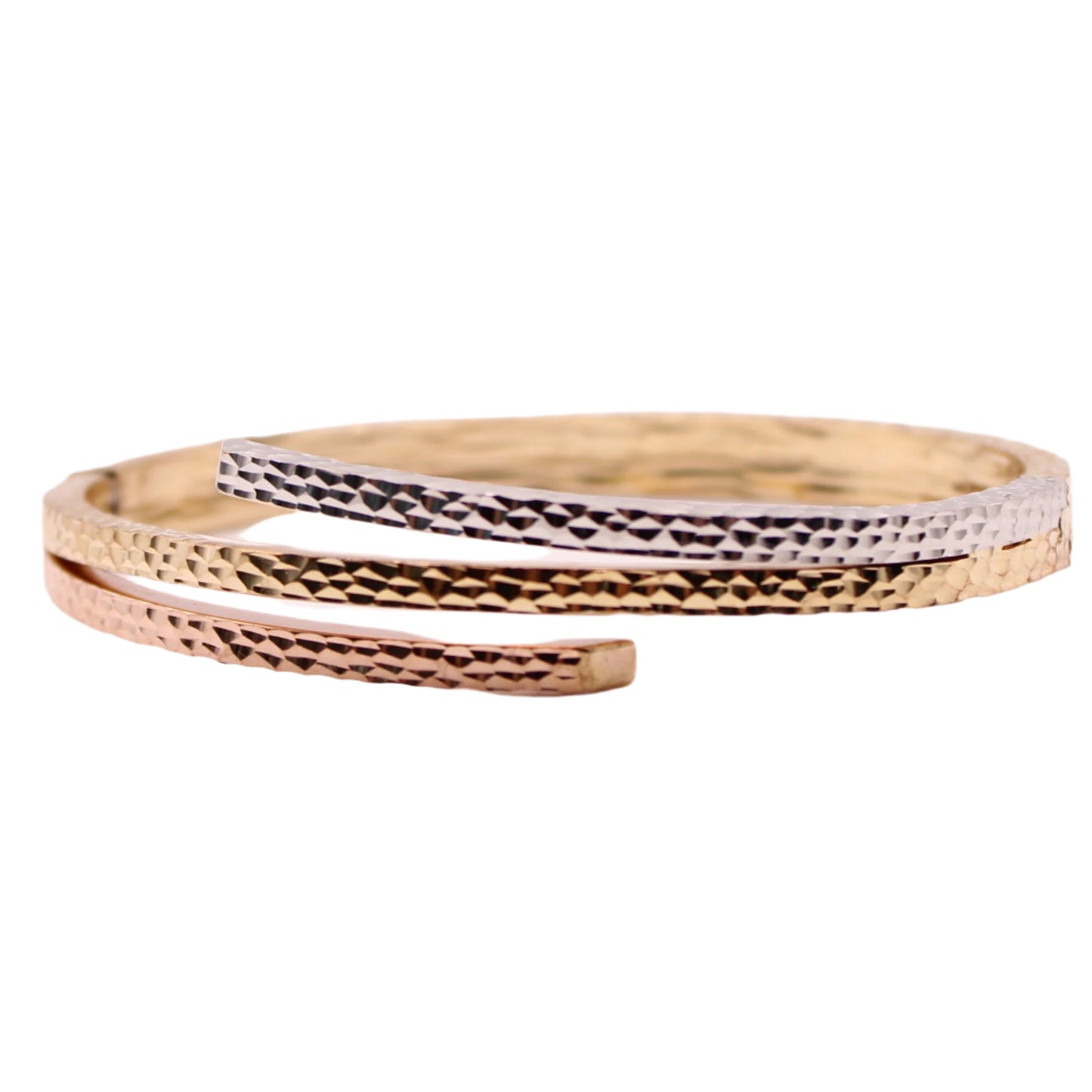 14kt Tricolor Yellow White Rose Italian Diamond Cut Bypass Bangle Bracelet 7"