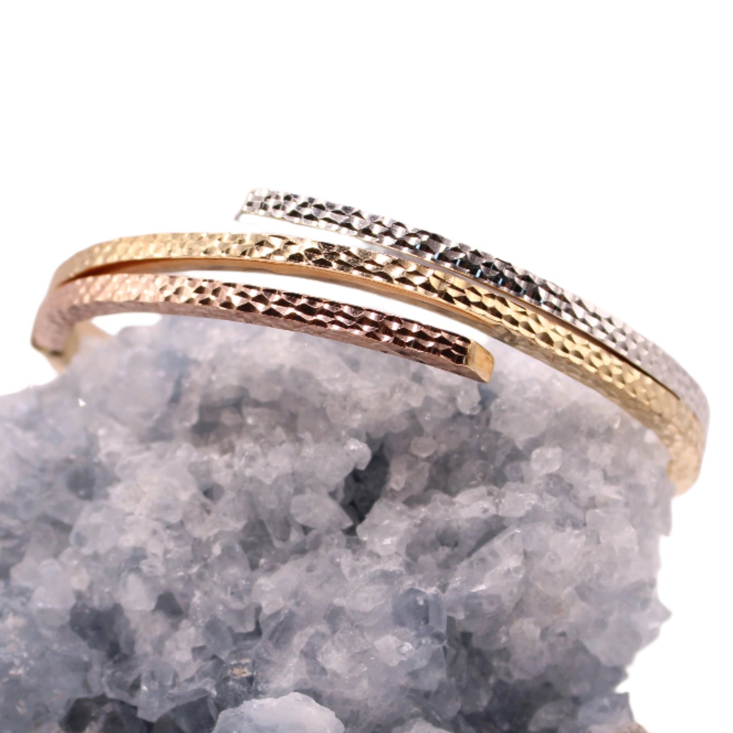 14kt Tricolor Yellow White Rose Italian Diamond Cut Bypass Bangle Bracelet 7"