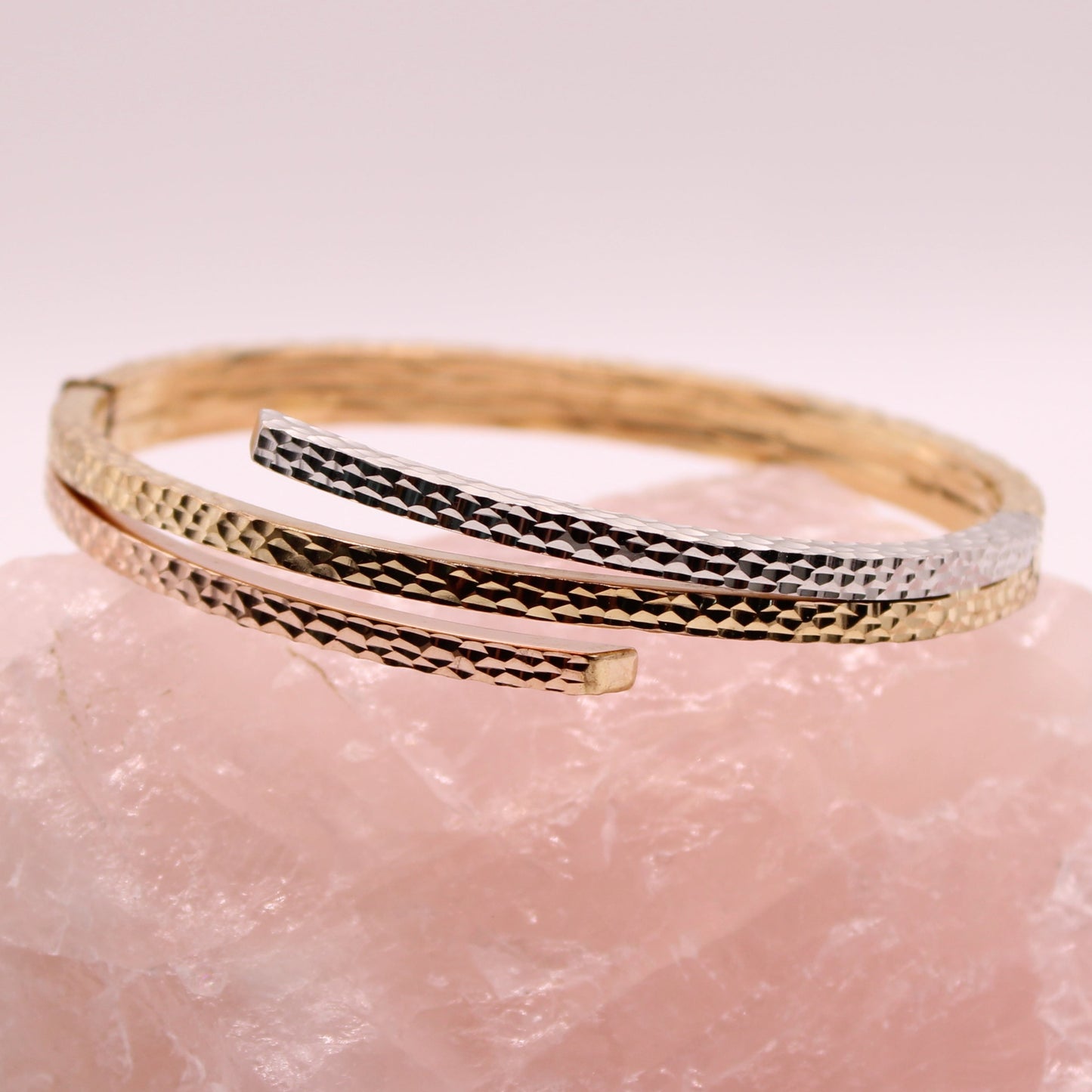 14kt Tricolor Yellow White Rose Italian Diamond Cut Bypass Bangle Bracelet 7"