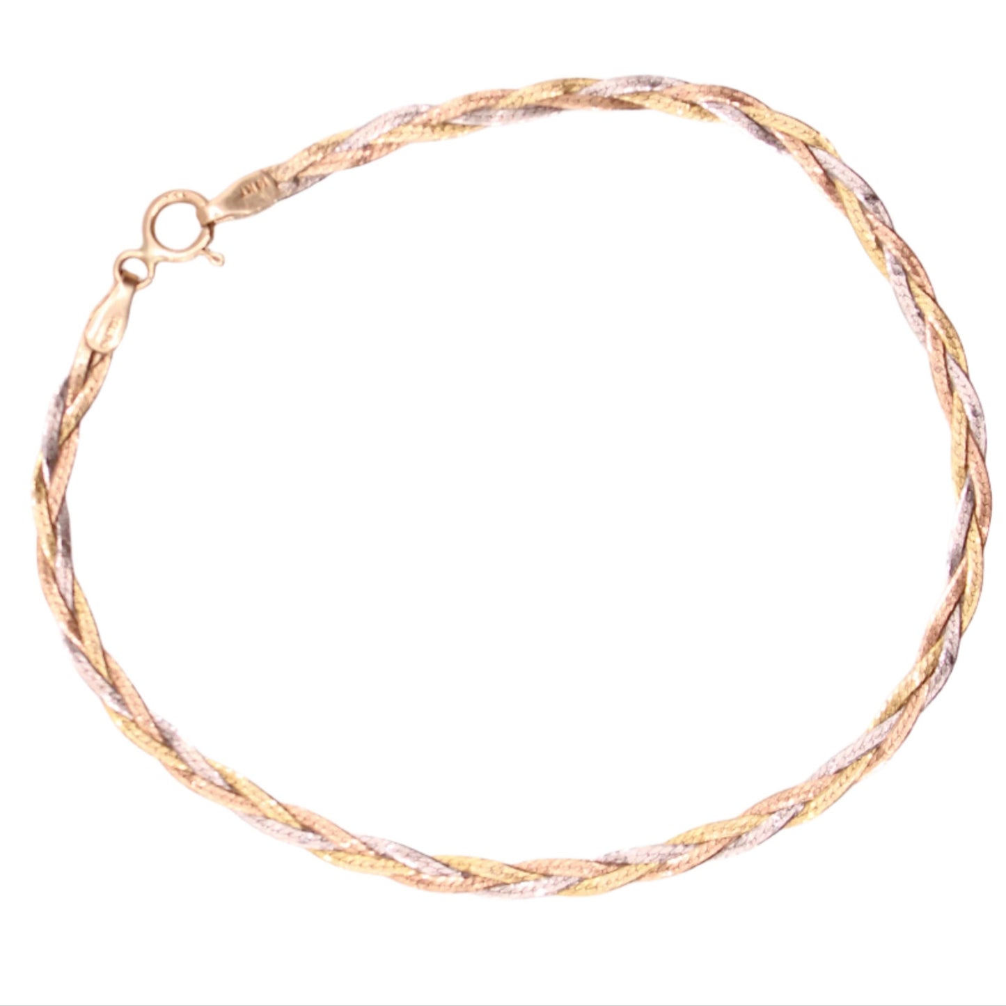 14kt TriColor Yellow White Rose Braided Dainty Chain Link Bracelet