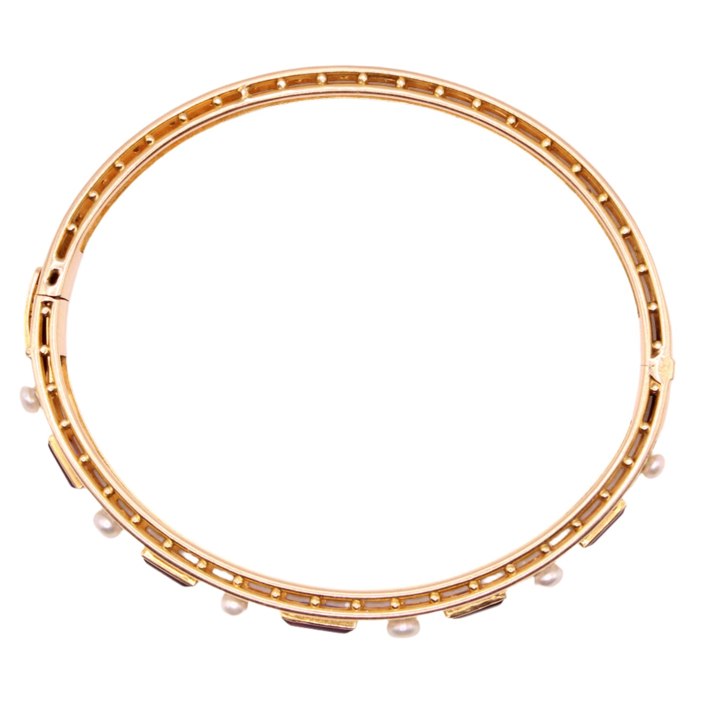 Vintage 14kt Yellow Gold Amethyst Seed Pearl Open Cage Bangle Bracelet 7"