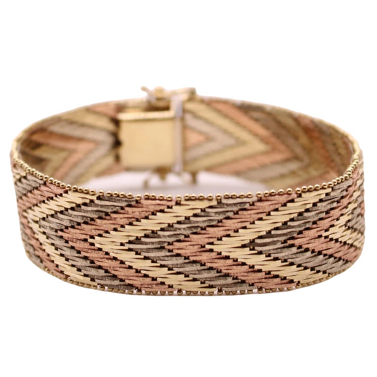 14kt Italy TriColor Yellow White Rose Gold Wide Woven Chevron Bracelet 7"