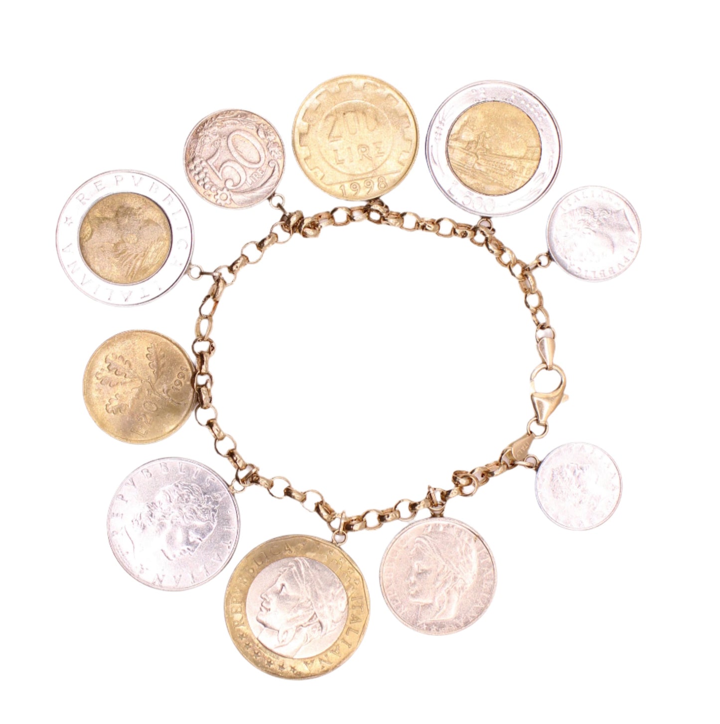 Milor 14kt Yellow Gold Italian Lire Coin Charm Chunky Bracelet