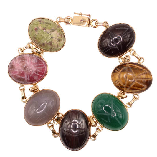 Vintage WRE 14kt Yellow Gold Large Scarab 7 Multi Gemstone Bracelet