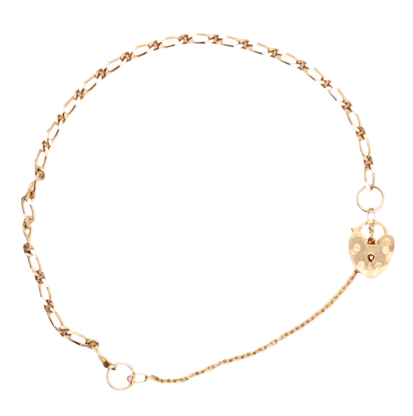 Vintage 9kt Yellow Gold English Figaro Etched Heart Locket Charm Bracelet